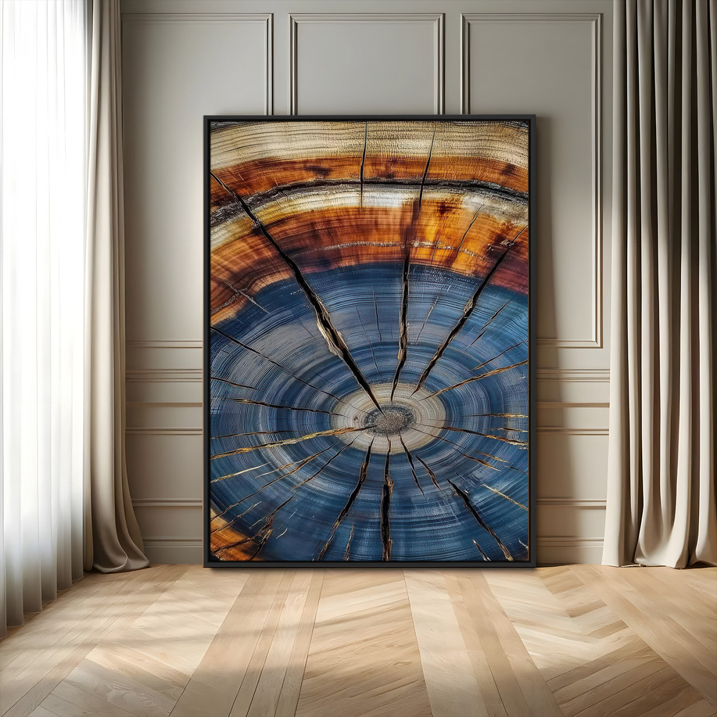 58959380-MGV-FC-24X36-Tree Rings Wall Art Canvas Print, Framed Wood Texture Art Picture Print, Blue Grain Perfect Rustic Modern Decor Artwork