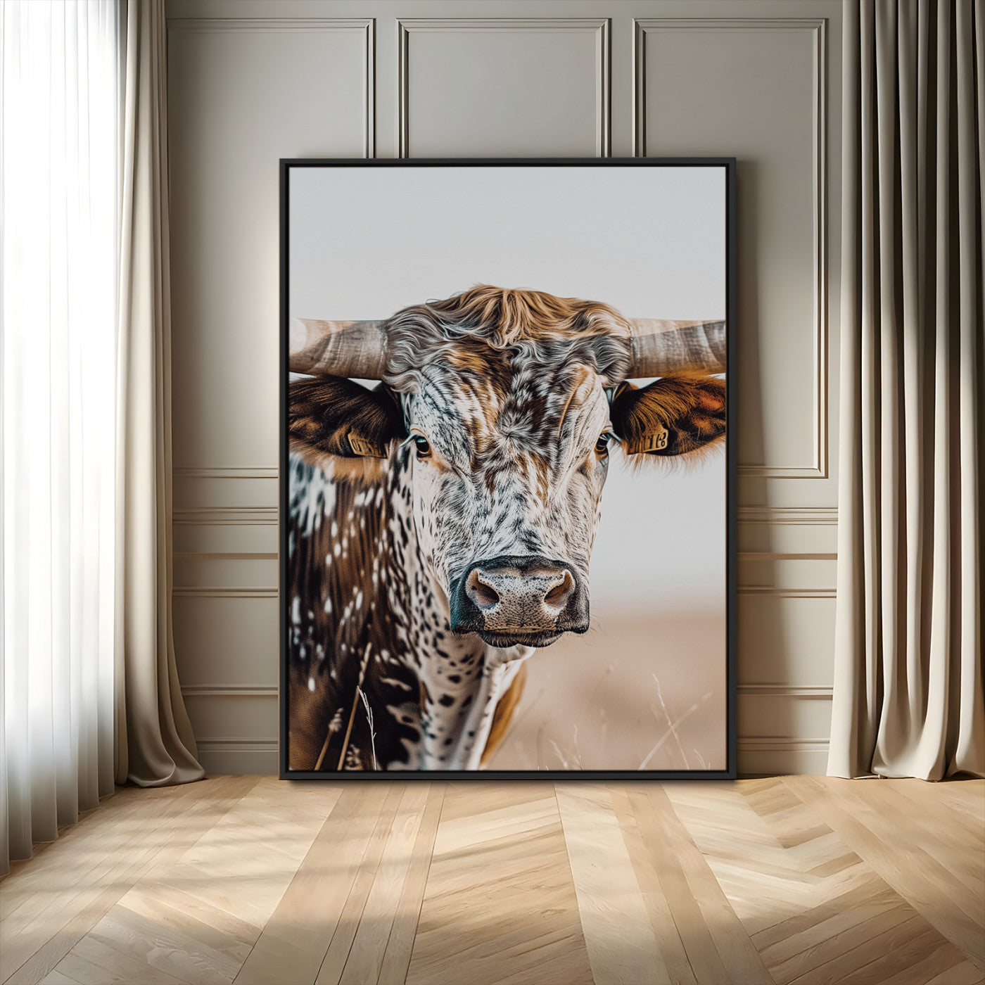 50803532-MGV-FC-24X36_Black-Texas Longhorn Wall Art Canvas Print, Framed Speckled Cow Art Picture Print, Horned Bull Perfect Rustic Western Decor Artwork