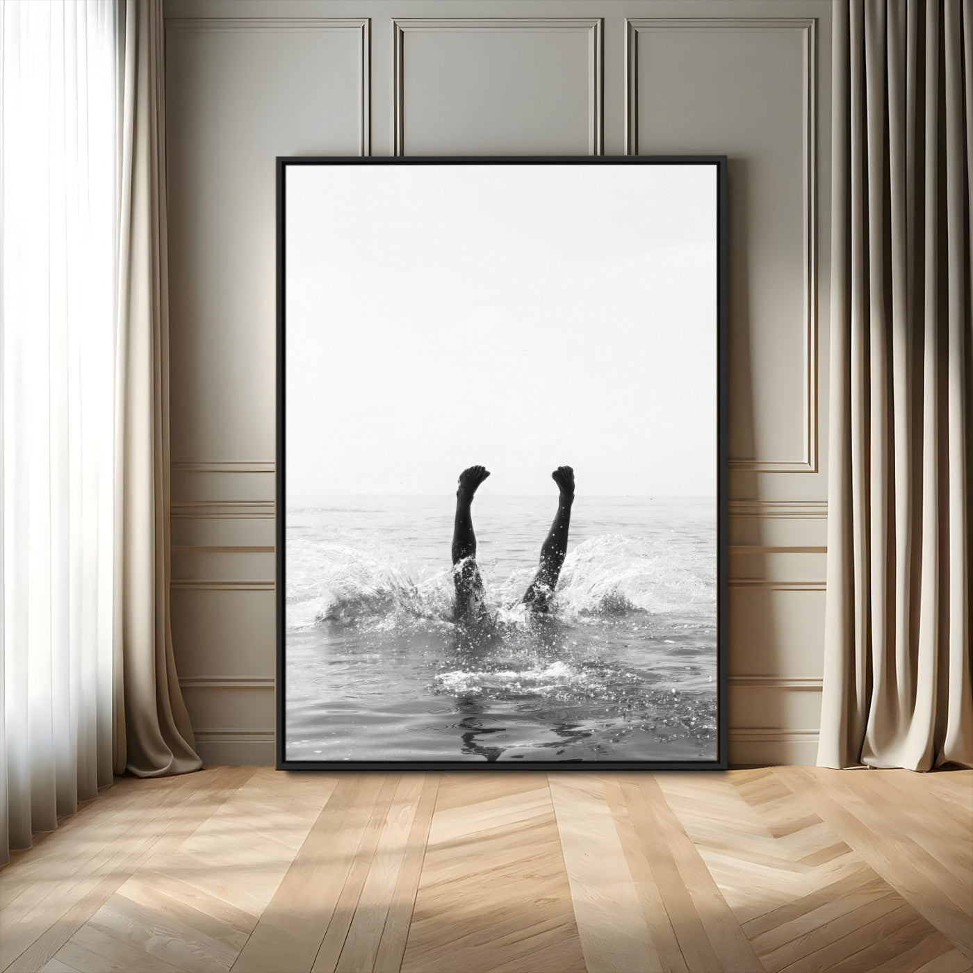 43900465-MGV-FC-24X36_Black-Minimal Ocean Wall Art Canvas Print, Framed Monochrome Diving Art Picture Print, Swimmer in Sea Perfect Minimalist Coastal Decor
