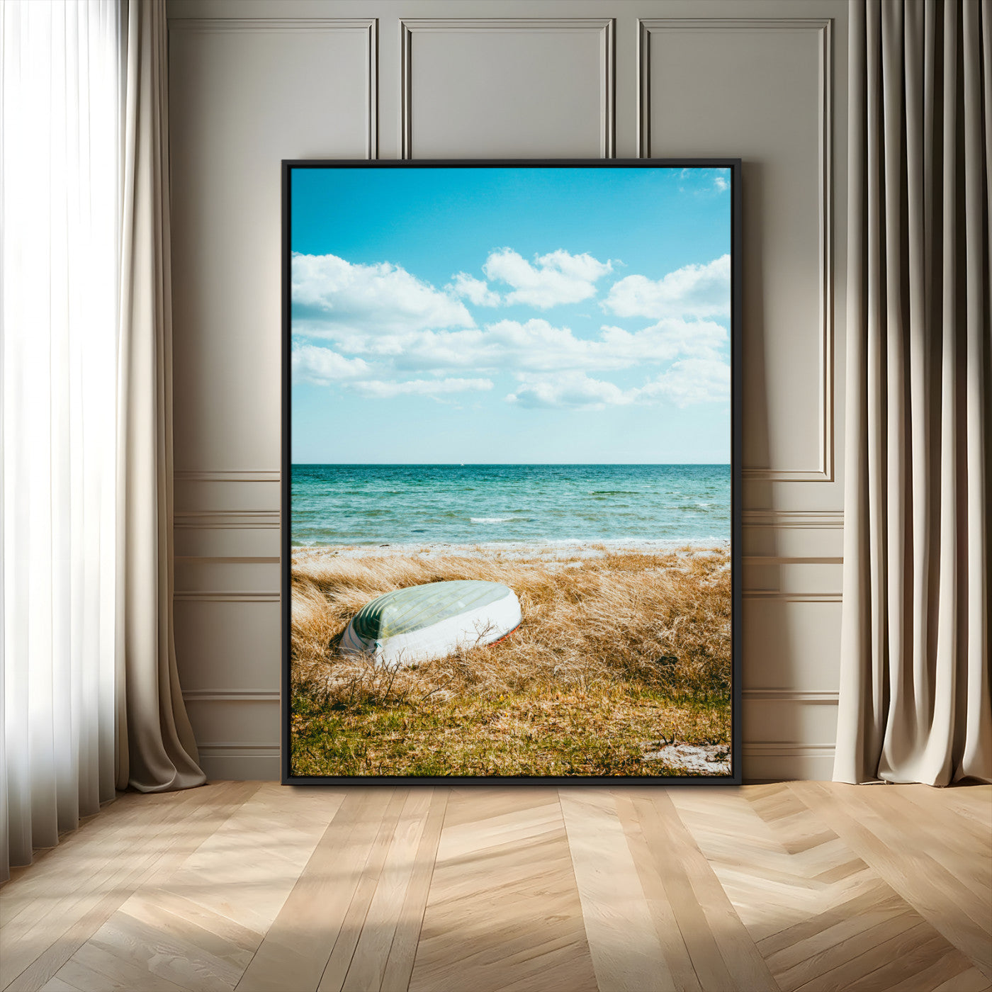 21725303-MGV-FC-24X36_Black-Coastal Serenity Wall Art Canvas Print, Framed Ocean View Art Picture Print, Rustic Boat Perfect Nautical Coastal Decor Artwork