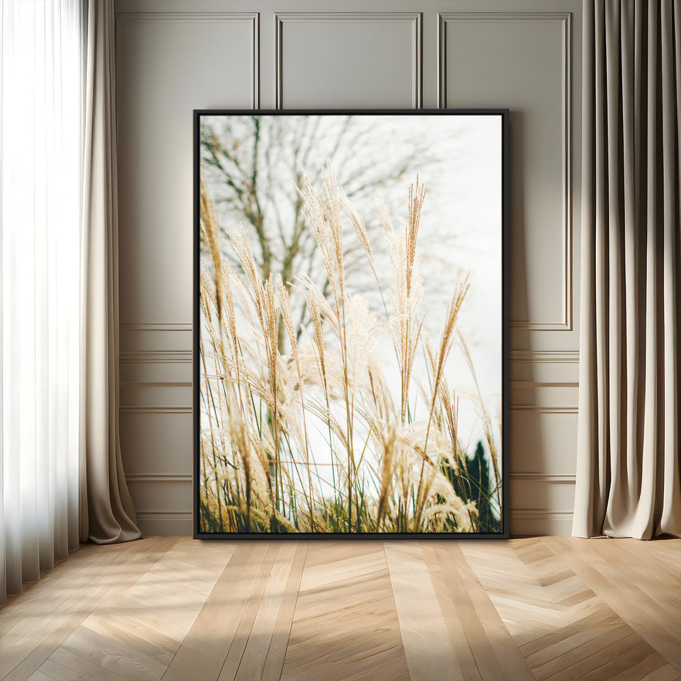 17571705-MGV-CV-24X36-Pampas Grass Wall Art Canvas Print, Framed Neutral Tones Art Picture Print, Minimalist Nature Perfect Boho Minimalist Decor