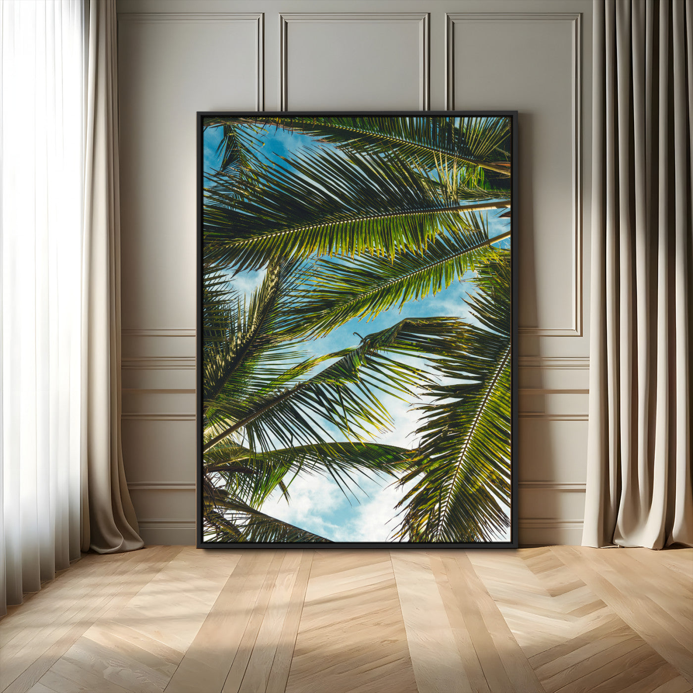 31086560-MGV-CV-24X36-Palm Leaves Wall Art Canvas Print, Framed Tropical Vibes Art Picture Print, Green Foliage Perfect Tropical Boho Decor Artwork