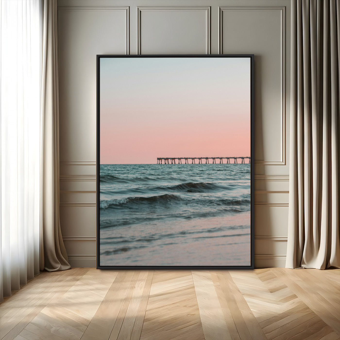 89450227-MGV-FC-24X36_Black-Minimalist Seascape Wall Art Canvas Print, Framed Soft Pastel Sunset Art Picture Print, Tranquil Ocean Perfect Minimalist Coastal
