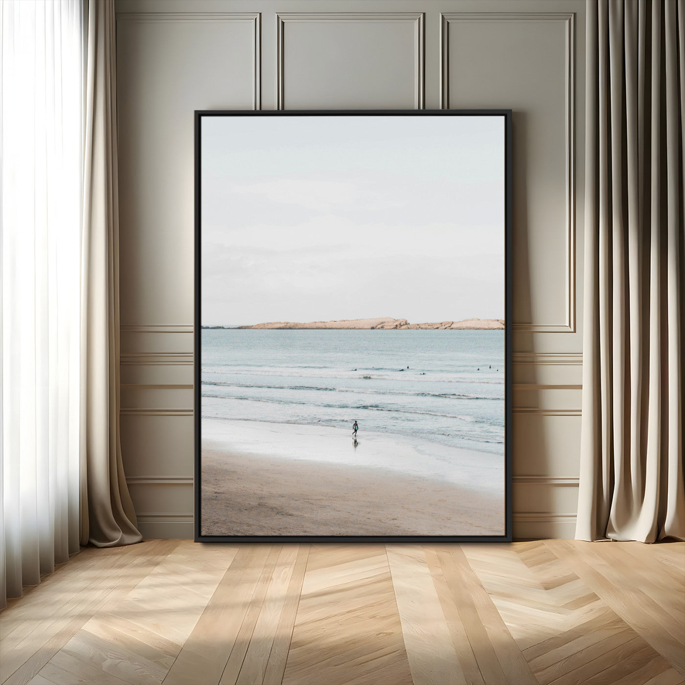 66350373-MGV-FC-24X36_Black-Minimalist Beach Wall Art Canvas Print, Framed Soft Blue Tones Art Picture Print, Tranquil Ocean Perfect Coastal Minimalist Decor