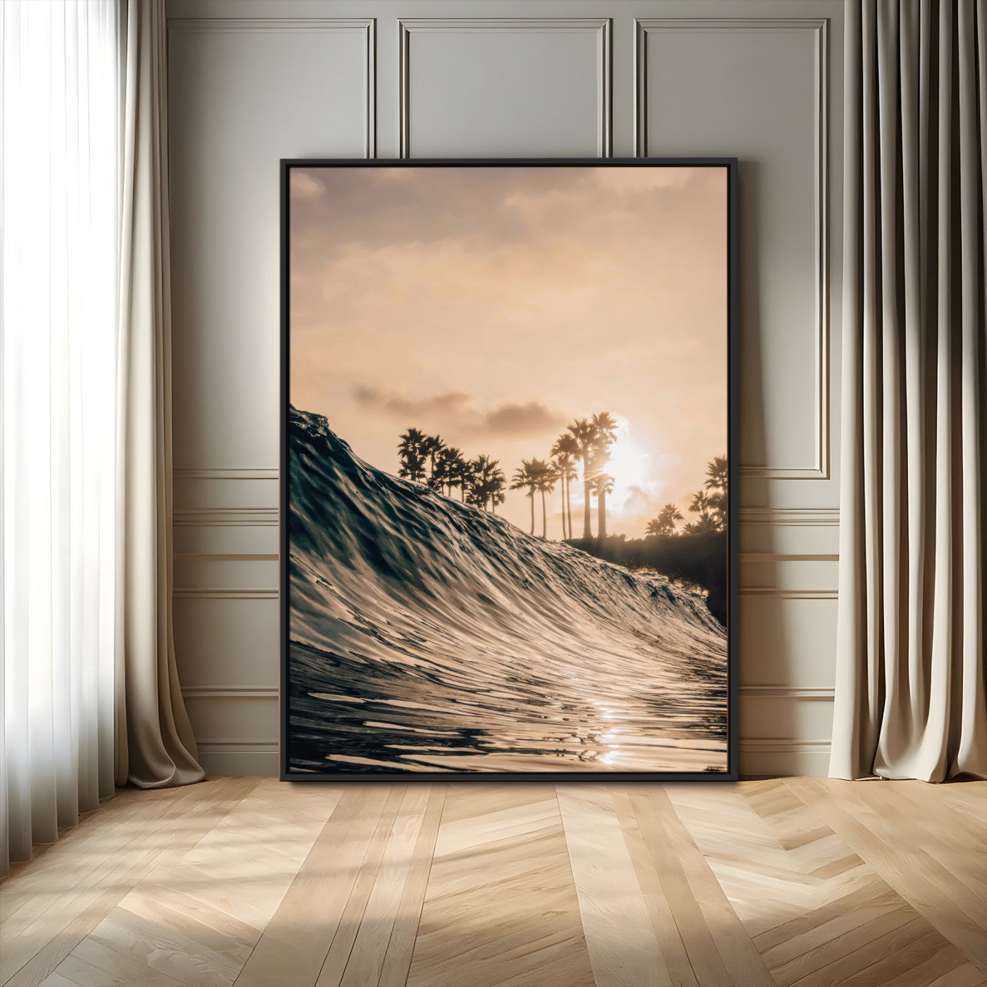 80487302-MGV-FC-24X36_Black-Coastal Sunset Wall Art – Golden Ocean Wave and Palm Trees Canvas Print, Tropical Photography Decor for Bedroom, Living Room,