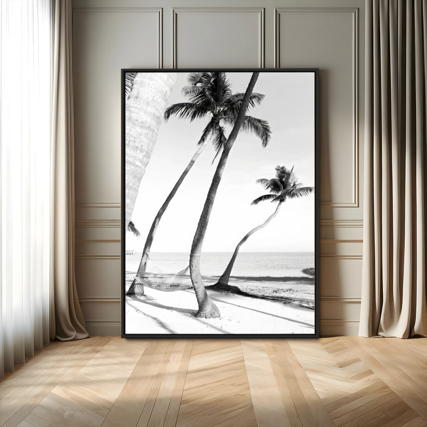 16582004-MGV-FC-24X36_Black-Black and White Tropical Palm Trees Canvas Wall Art – Minimalist Coastal Photography, Large Framed Print for Home, Office, Living