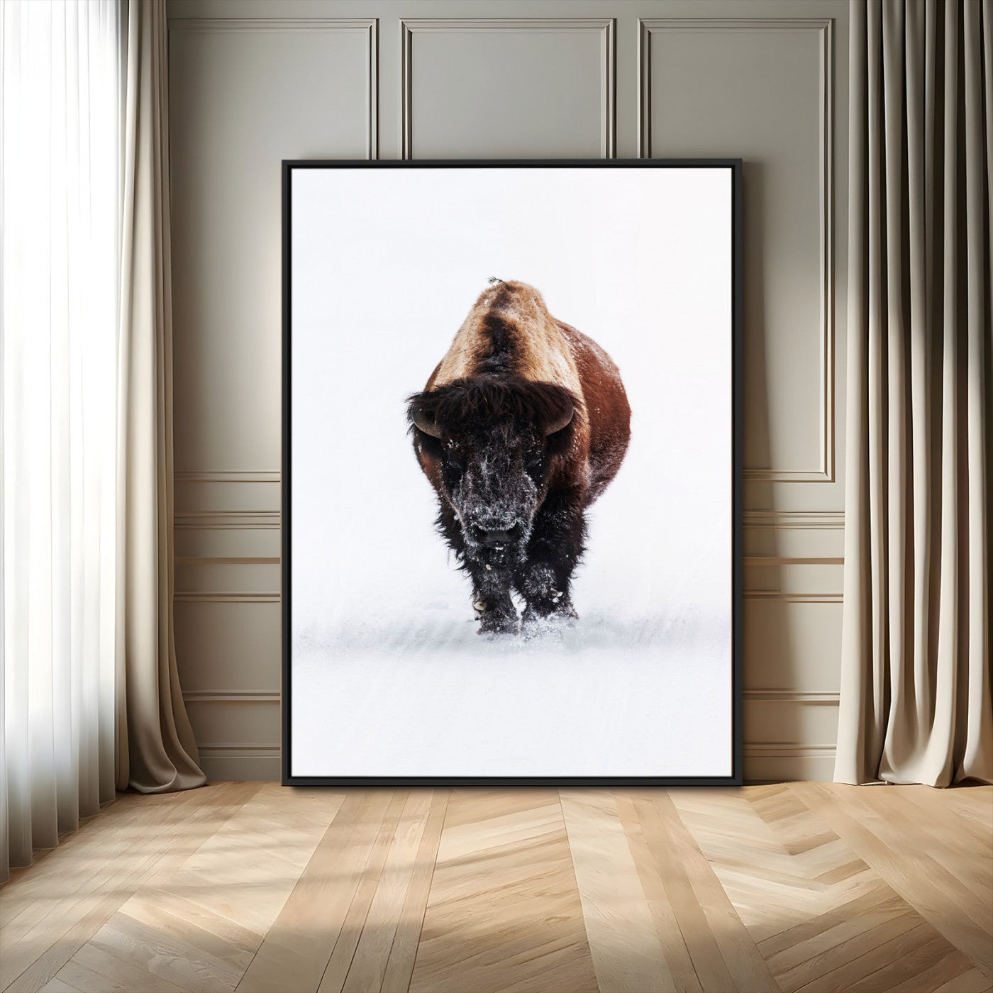 77072968-MGV-FC-24X36_Black-Wildlife Wall Art – Bison in Snow Canvas Print, Rustic Western Nature Photography Decor for Bedroom, Living Room, Office, Cabin,