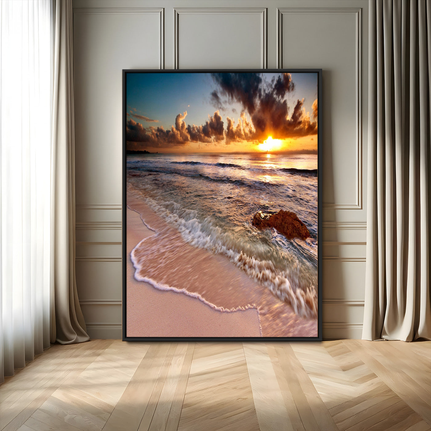 14930-MGV-FC-24X36_Black-Beach Sunset Wall Art Canvas Print, Framed Ocean Horizon Art Picture Print, Tropical Shore Perfect Minimalist Coastal Decor
