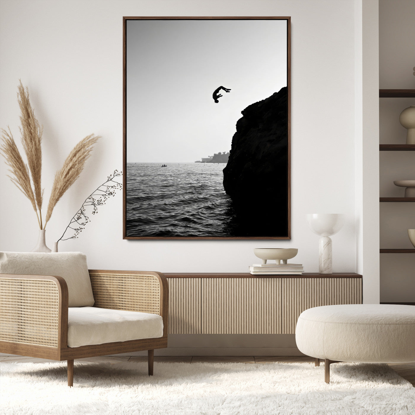 99497106-MGV-CV-24X36-Cliff Jumping Wall Art Canvas Print, Framed Black White Ocean Art Picture Print, Monochrome Cliff Perfect Minimalist Adventure