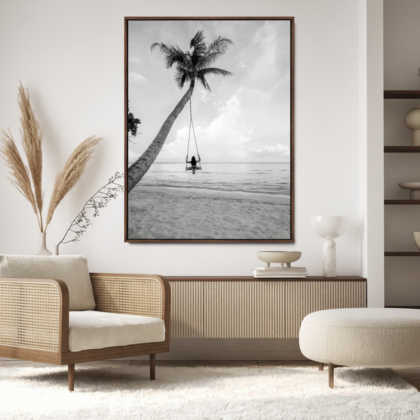78460277-MGV-CV-24X36-Black White Palms Wall Art Canvas Print, Framed Beach Swing Art Picture Print, Monochrome Coastal Perfect Minimalist Coastal Decor