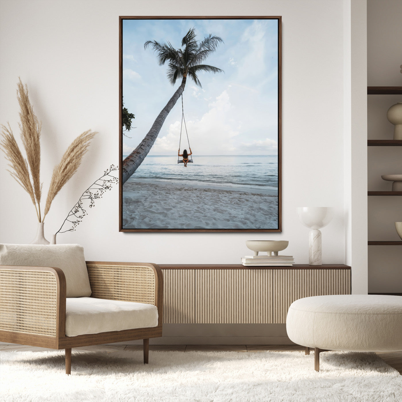 86062249-MGV-CV-24X36-Tropical Swing Wall Art Canvas Print, Framed Ocean Horizon Art Picture Print, Palm Trees Perfect Tropical Minimalist Decor Artwork