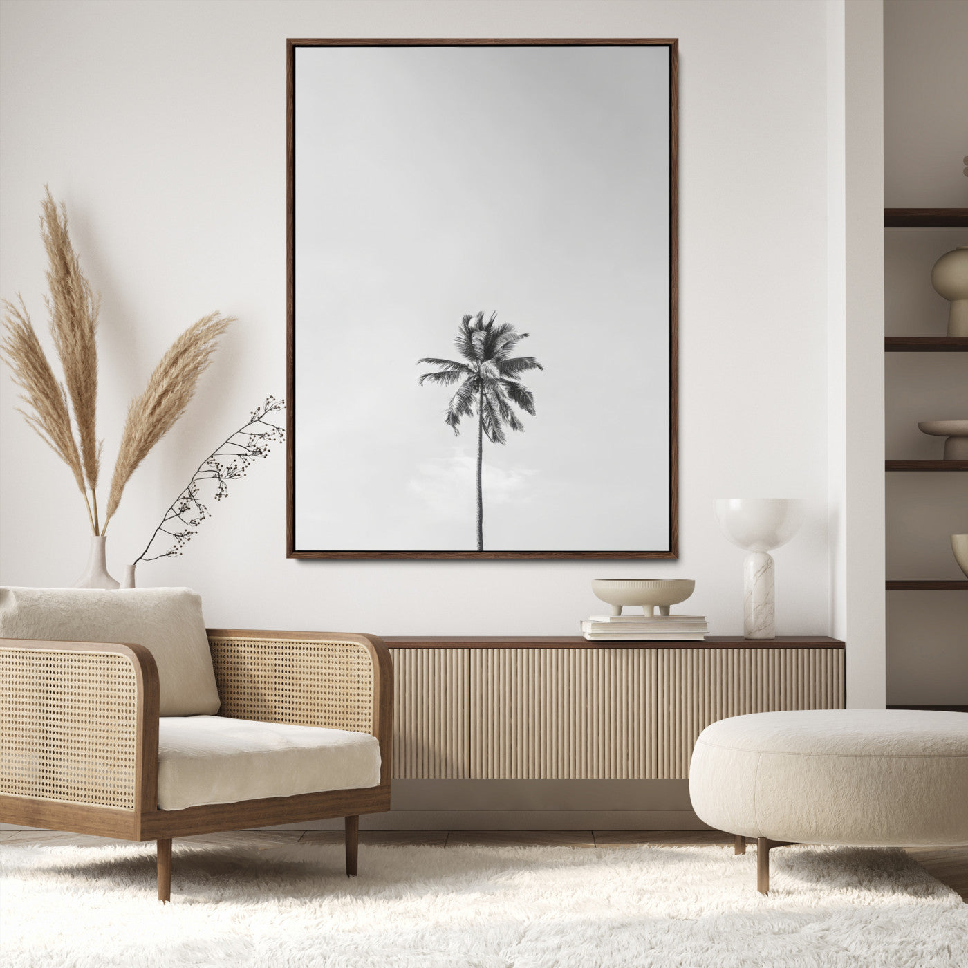 67263674-MGV-CV-24X36-Lone Palm Tree Wall Art Canvas Print, Framed Minimalist Tropical Art Picture Print, Monochrome Beach Perfect Modern Coastal