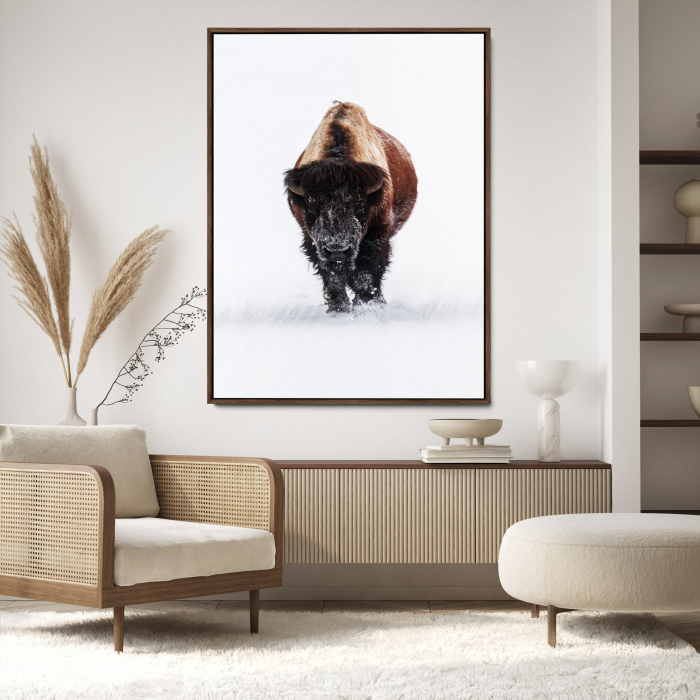 11394883-MGV-CV-24X36-Winter Bison Wall Art Canvas Print, Framed Rustic Wildlife Art Picture Print, Bold Animal Art Perfect Rustic Lodge Decor Artwork