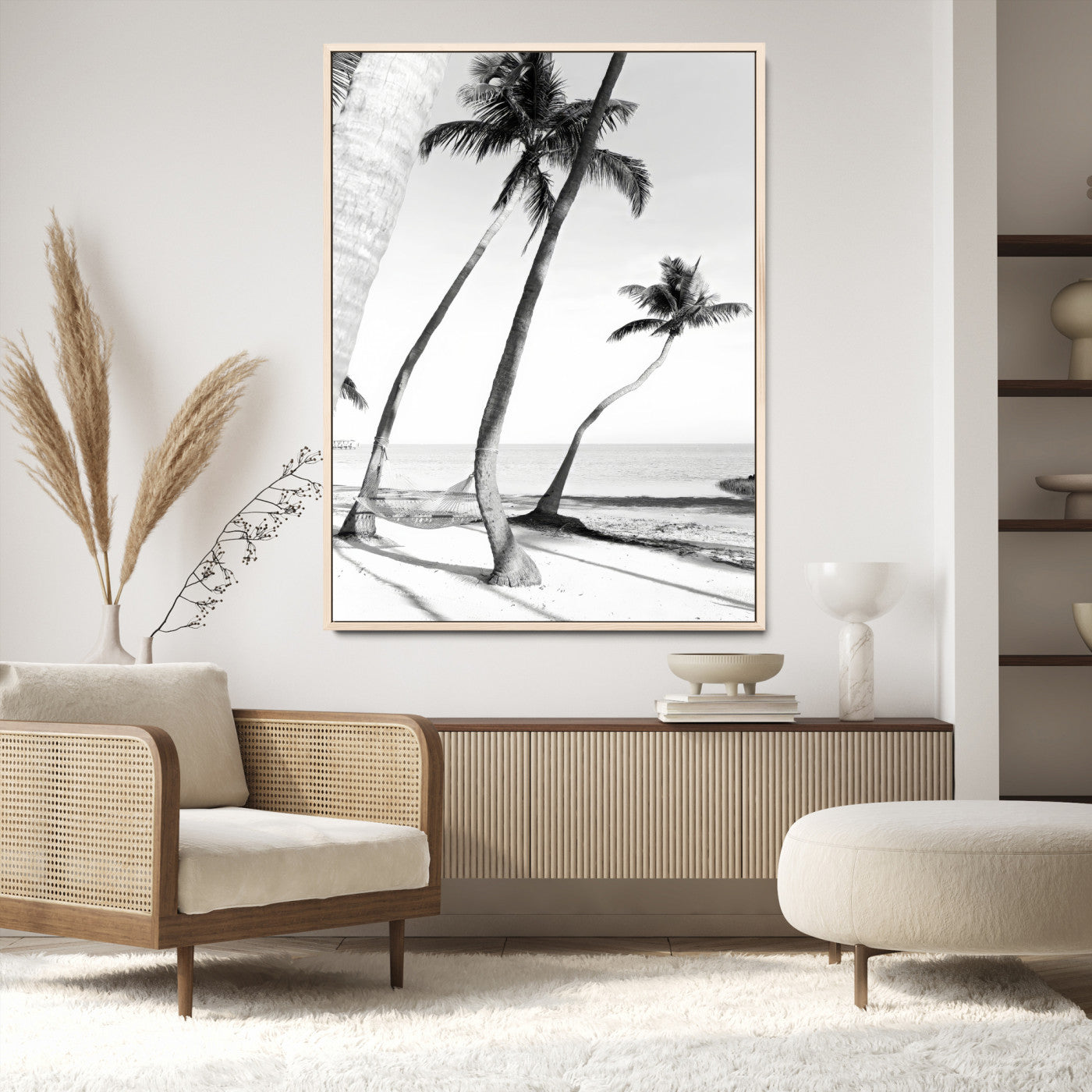 50406026-MGV-CV-24X36-Black White Palms Wall Art Canvas Print, Framed Tropical Beach Art Picture Print, Minimalist Coastal Perfect Coastal Minimalist