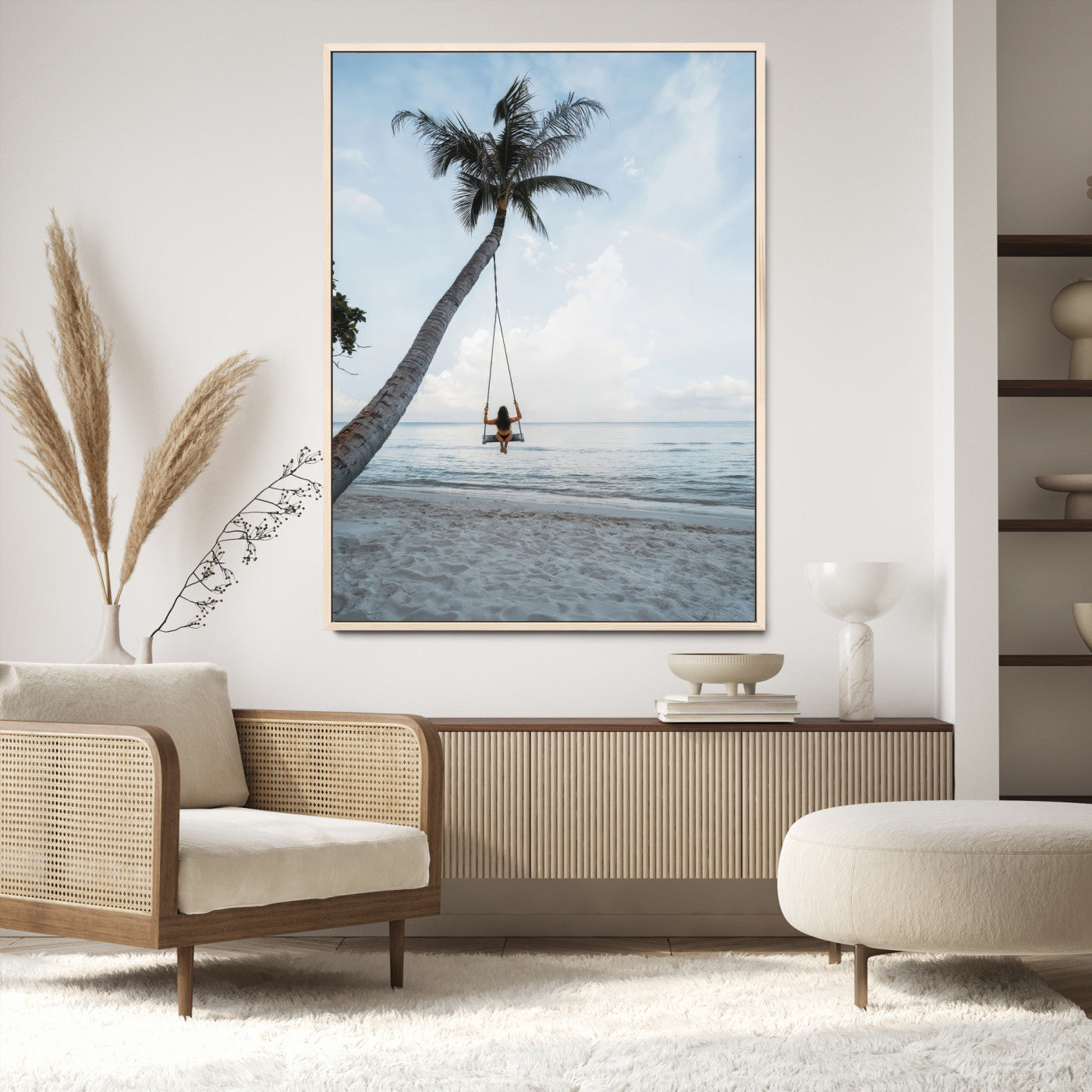 86062249-MGV-CV-24X36-Tropical Swing Wall Art Canvas Print, Framed Ocean Horizon Art Picture Print, Palm Trees Perfect Tropical Minimalist Decor Artwork