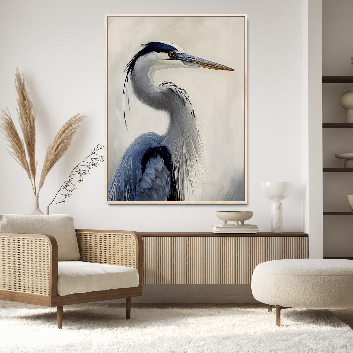 79581184-MGV-CV-24X36-Blue Heron Wall Art Canvas Print, Framed Elegant Wildlife Art Picture Print, Minimalist Bird Theme Perfect Coastal Minimalist