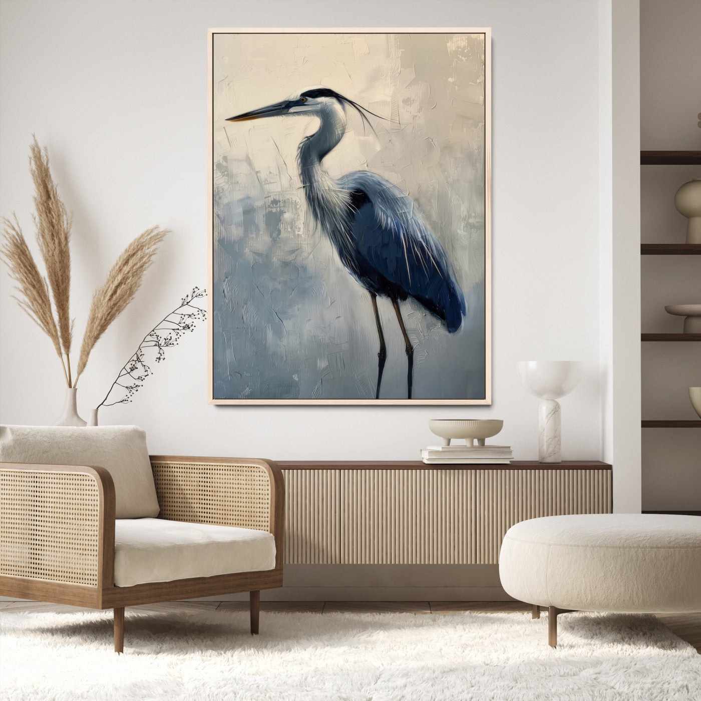 68368019-MGV-CV-24X36-Blue Heron Art Wall Art Canvas Print, Framed Crane Bird Painting Art Picture Print, Elegant Wildlife Scene Perfect Coastal
