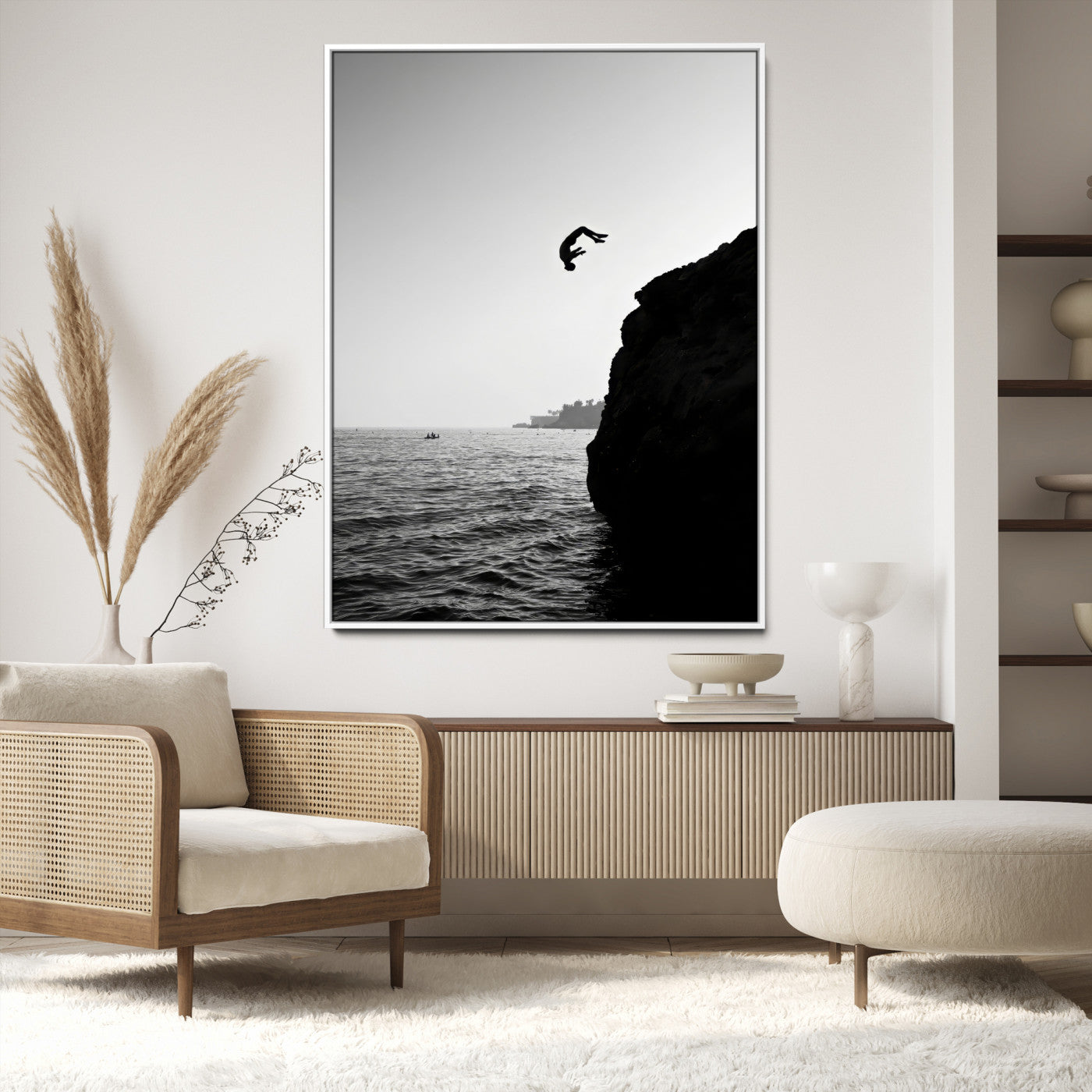 99497106-MGV-CV-24X36-Cliff Jumping Wall Art Canvas Print, Framed Black White Ocean Art Picture Print, Monochrome Cliff Perfect Minimalist Adventure