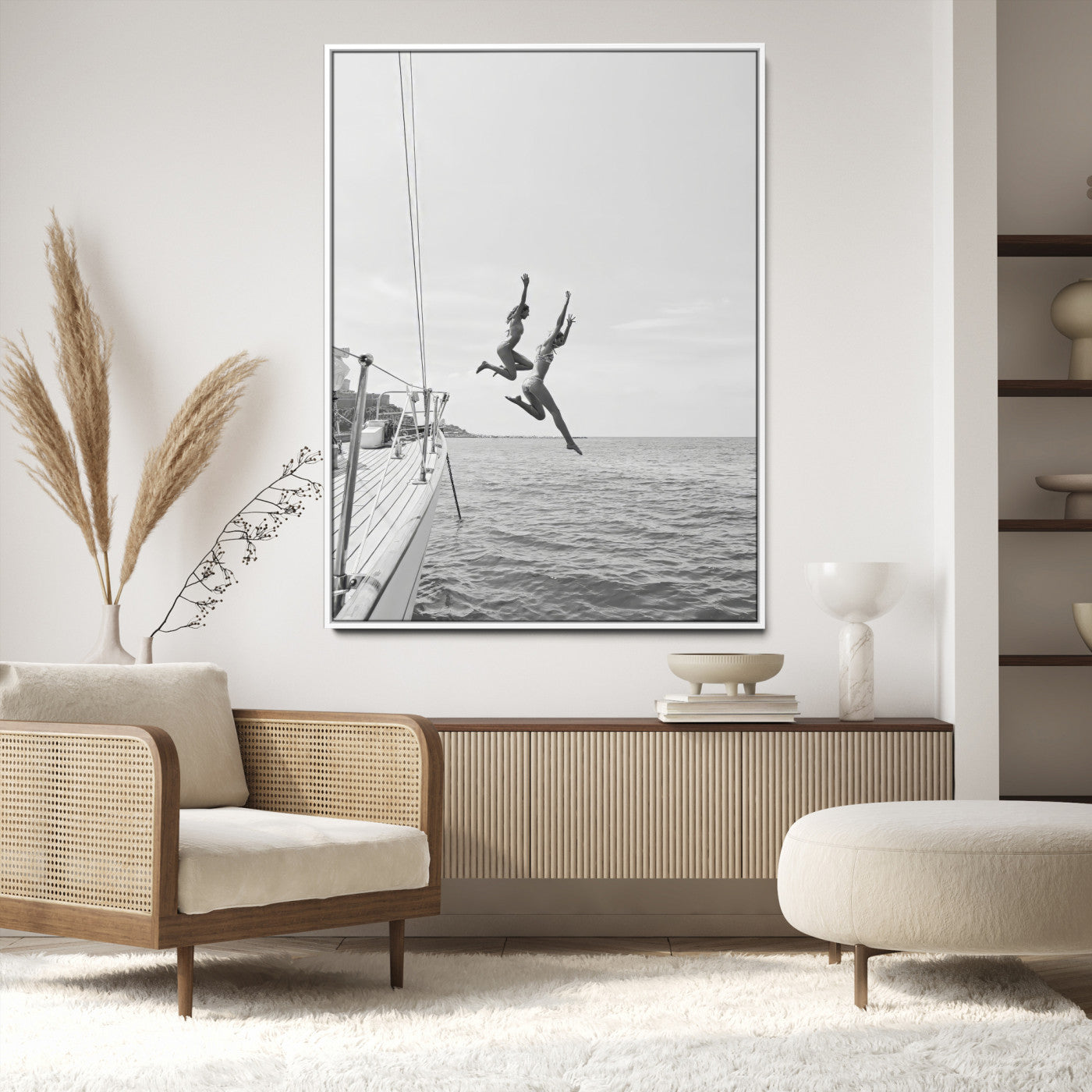 74555508-MGV-CV-24X36-Black White Sailing Wall Art Canvas Print, Framed Ocean Adventure Art Picture Print, Summer Energy Perfect Modern Minimalism Decor