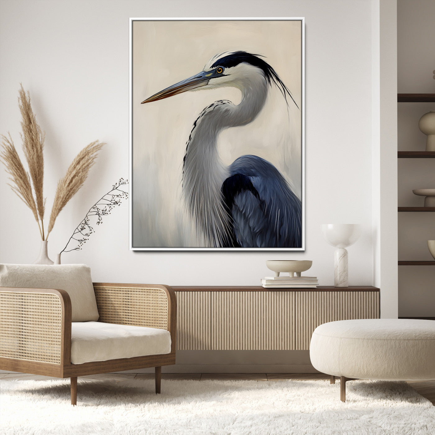 60171823-MGV-CV-24X36-Blue Heron Wall Art Canvas Print, Framed Coastal Bird Theme Art Picture Print, Minimalist Wildlife Perfect Coastal Minimalist