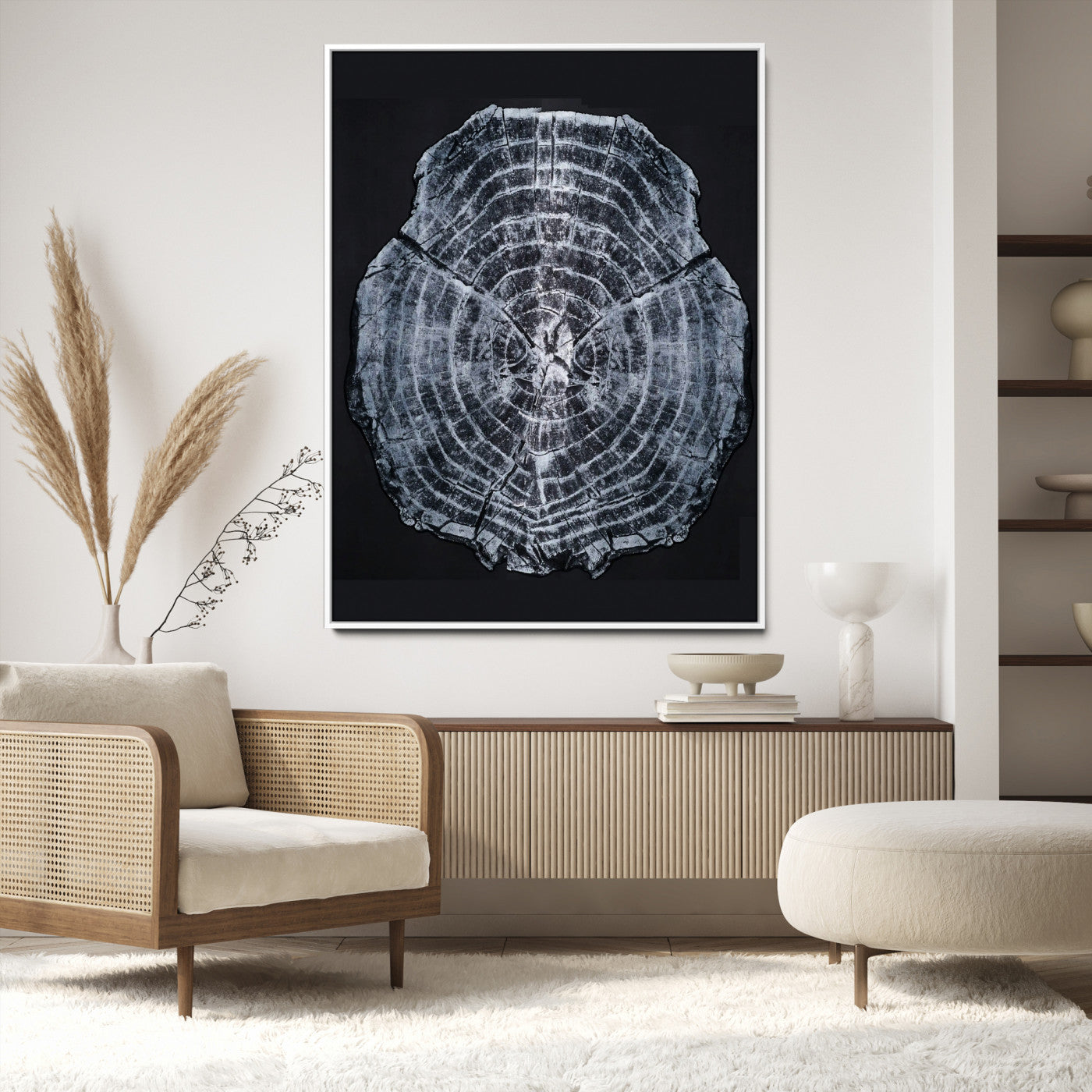 67859667-MGV-CV-24X36-Tree Ring Wall Art Wall Art Canvas Print, Framed Wood Slice Canvas Art Picture Print, Monochrome Nature Decor Perfect Modern