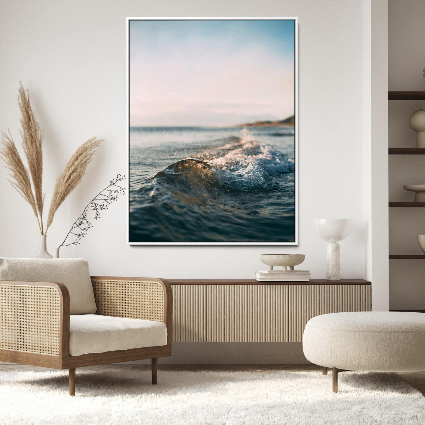 65283502-MGV-CV-24X36-Ocean Waves Wall Art Canvas Print, Framed Coastal Serenity Art Picture Print, Golden Hour Perfect Modern Coastal Decor Artwork