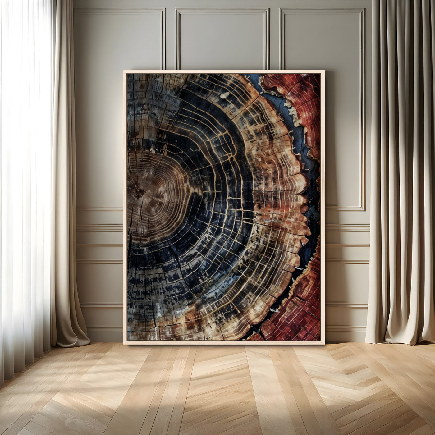 Test1-MGV-FC-24X36_Natural-Rustic Tree Ring Wall Art – Abstract Wood Grain Canvas Print, Natural Blue and Red Toned Artwork for Living Room, Bedroom, Office