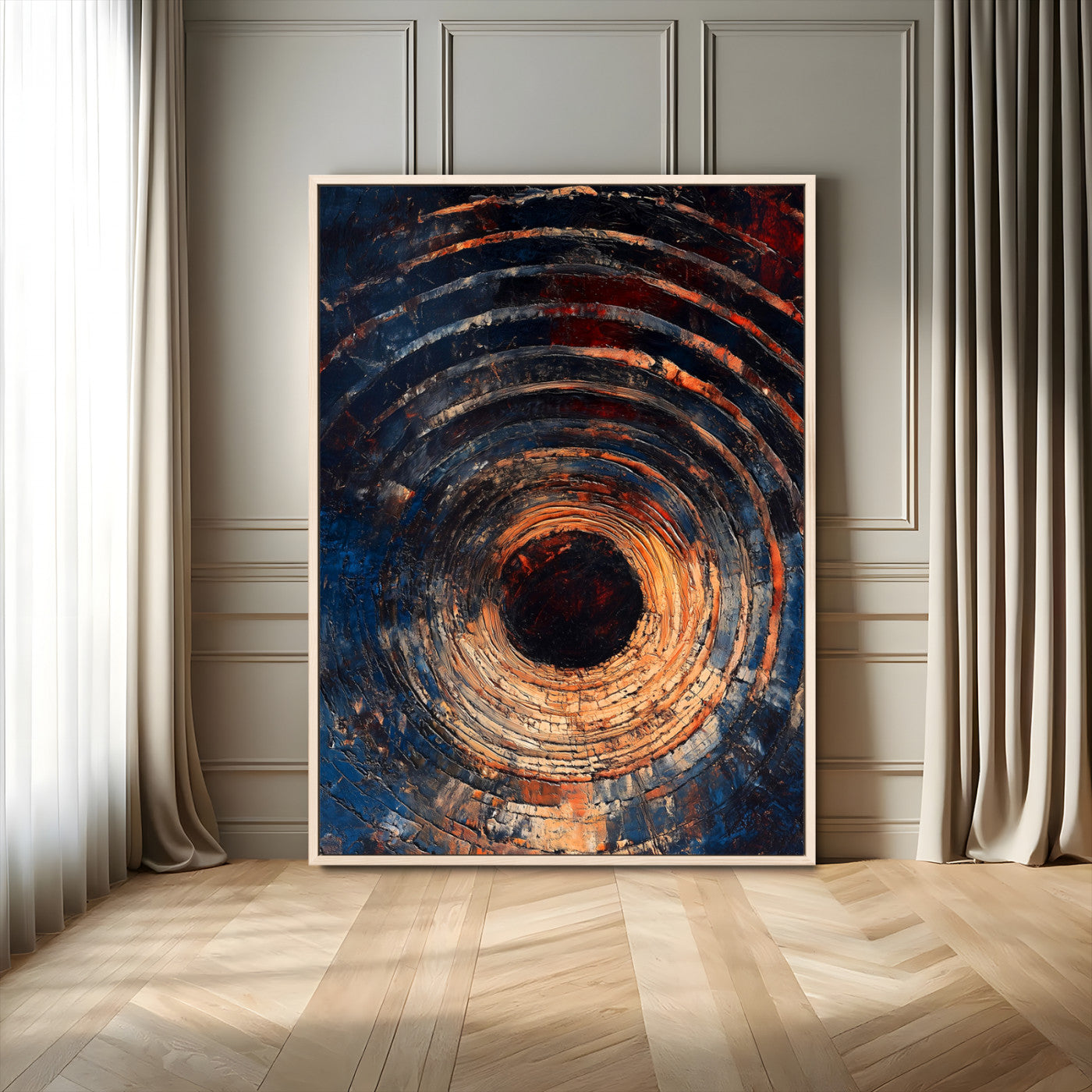95449028-MGV-FC-24X36_Natural-Textured Spiral Wall Art Canvas Print, Framed Abstract Void Art Picture Print, Wooden Vortex Perfect Modern Industrial Decor
