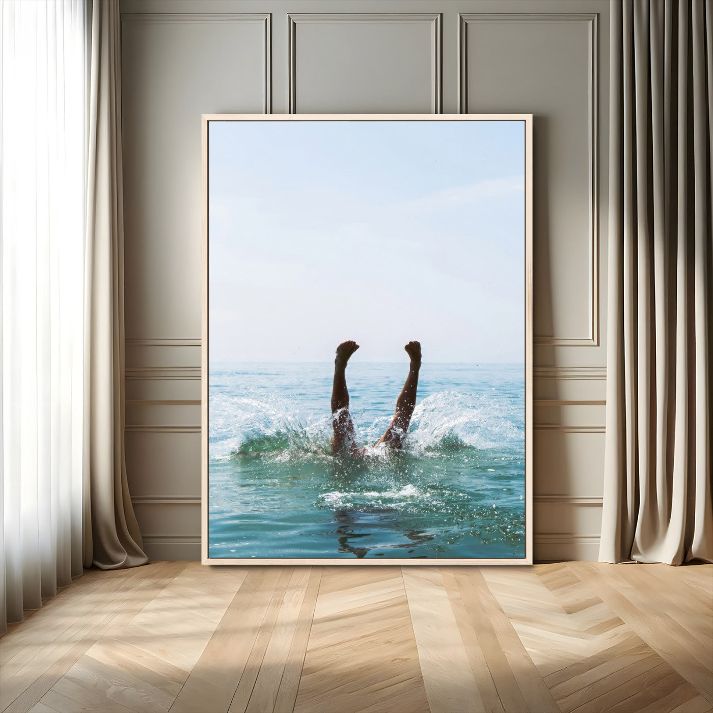 14351555-MGV-FC-24X36_Natural-Ocean Splash Wall Art Canvas Print, Framed Playful Beach Art Picture Print, Coastal Summer Perfect Coastal Contemporary Decor