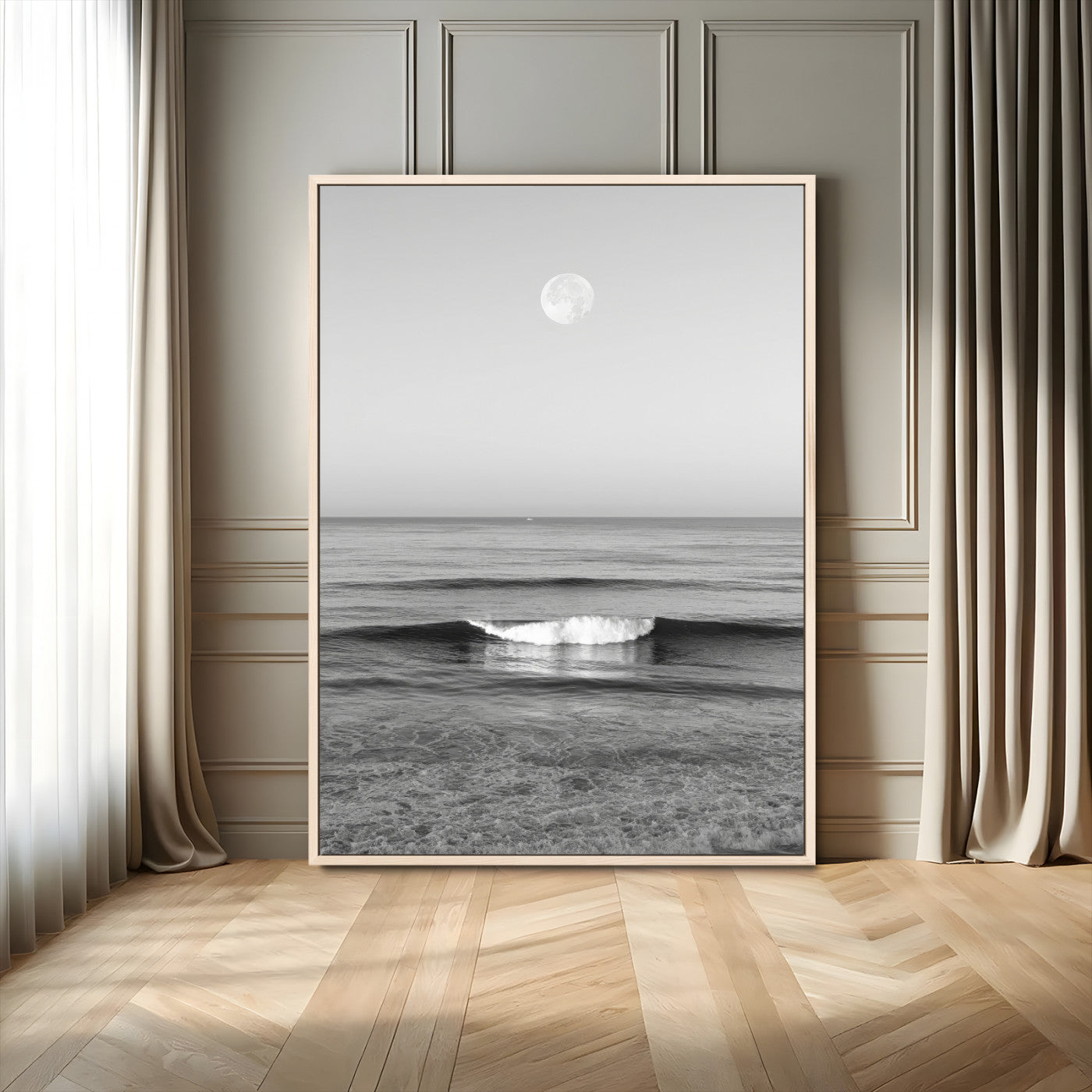 96234442-MGV-FC-24X36_Natural-Black White Ocean Scene Wall Art Canvas Print, Framed Full Moon Over Sea Art Picture Print, Tranquil Coastal Canvas Perfect