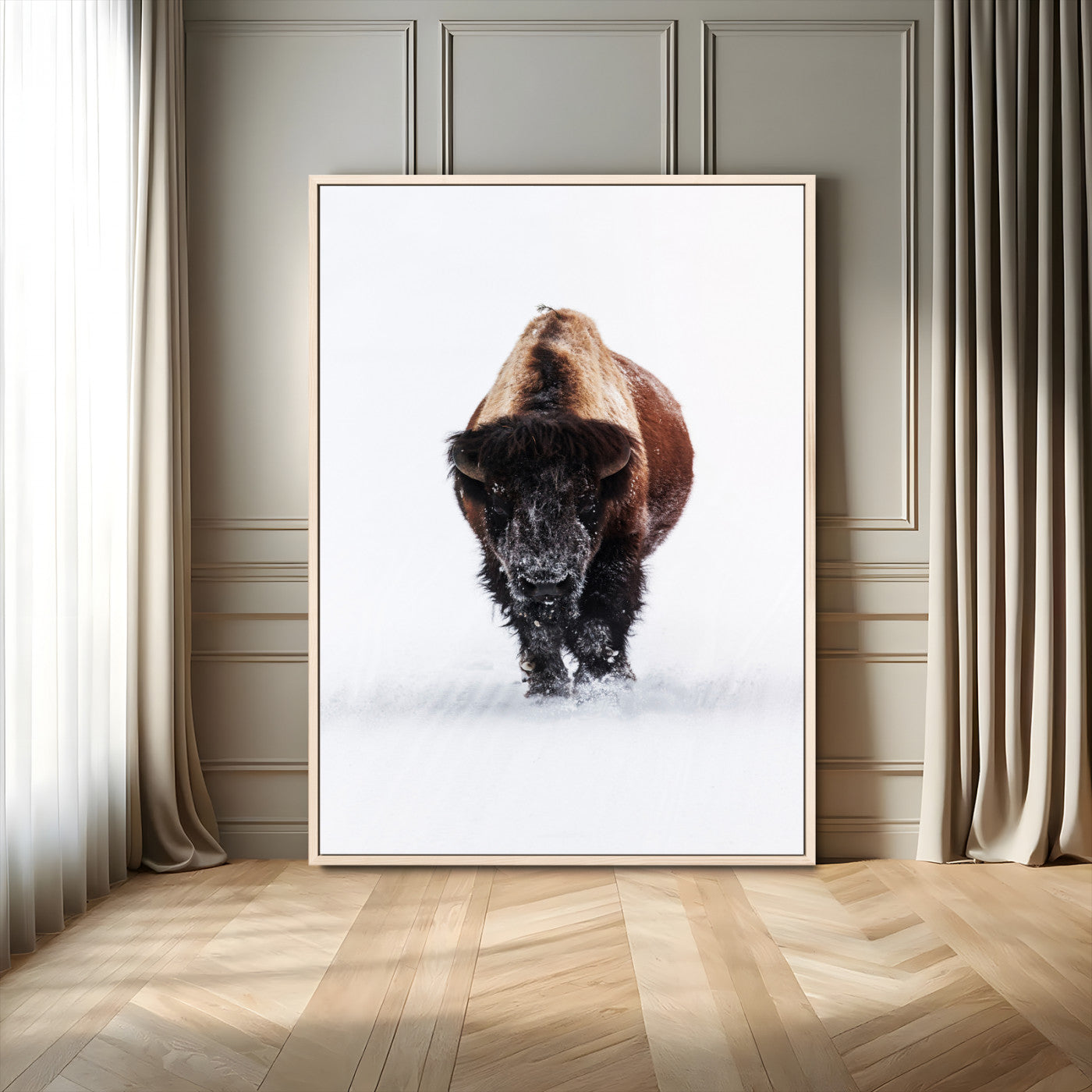 11394883-MGV-FC-24X36_Natural-Winter Bison Wall Art Canvas Print, Framed Rustic Wildlife Art Picture Print, Bold Animal Art Perfect Rustic Lodge Decor Artwork