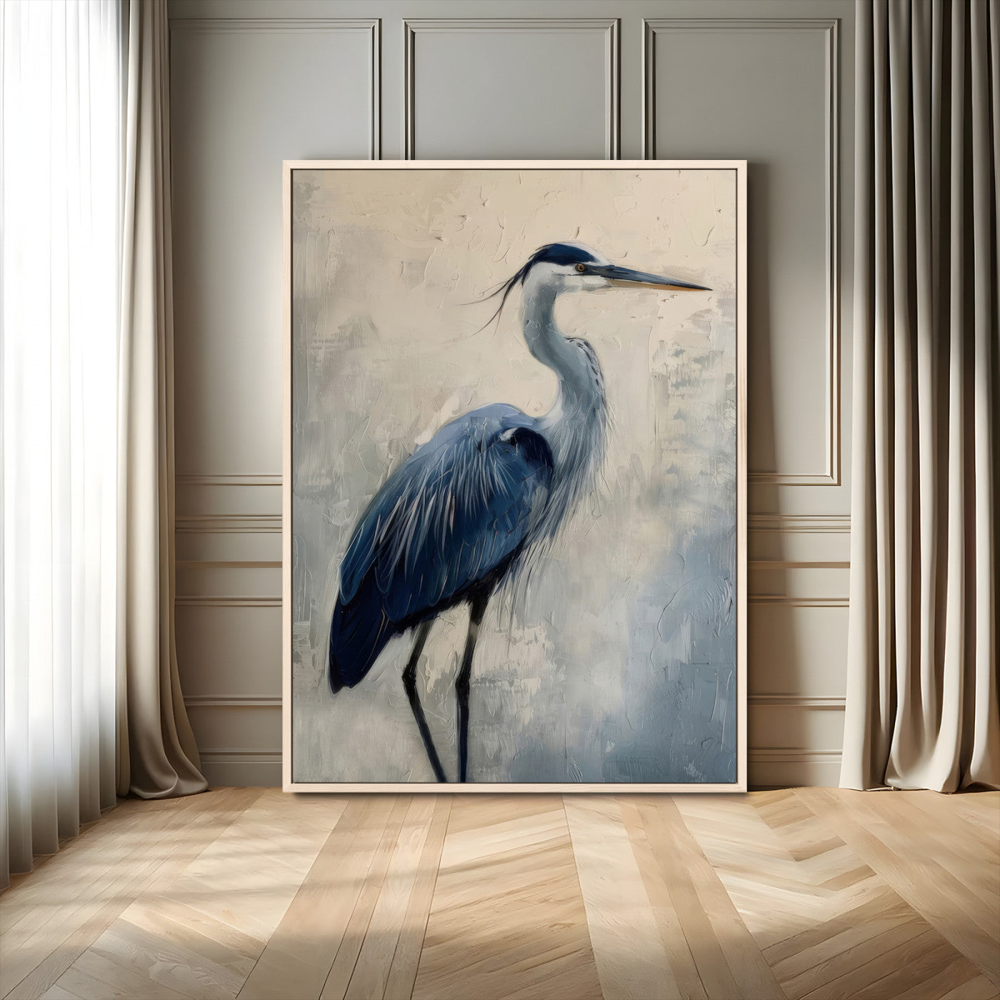51380726-MGV-FC-24X36-Blue Heron Decor Wall Art Canvas Print, Framed Coastal Bird Design Art Picture Print, Minimal Heron Portrait Perfect Coastal