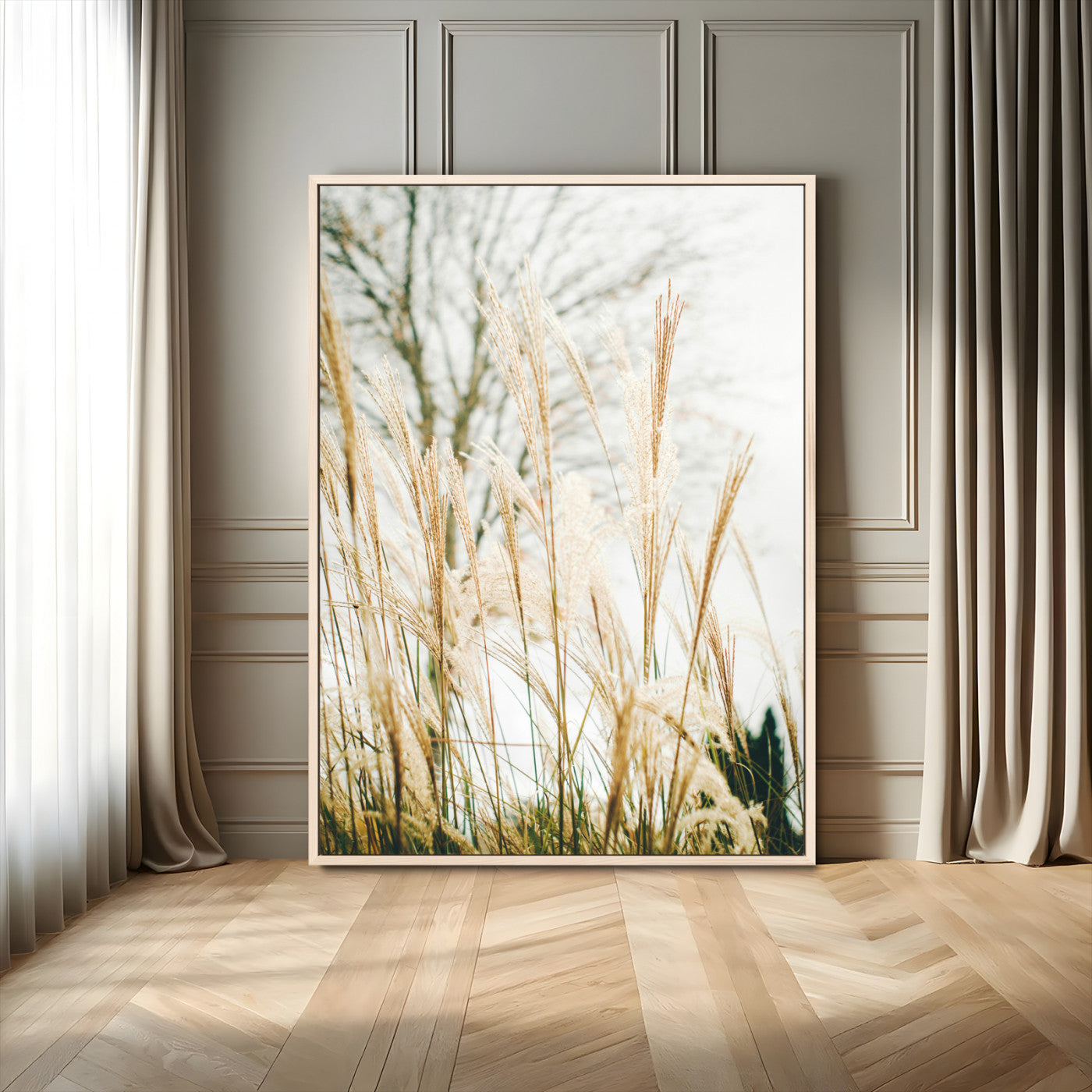 17571705-MGV-FC-24X36-Pampas Grass Wall Art Canvas Print, Framed Neutral Tones Art Picture Print, Minimalist Nature Perfect Boho Minimalist Decor