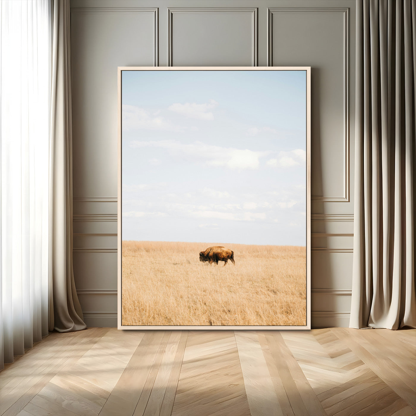96766166-MGV-FC-24X36_Natural-Minimalist Nature Wall Art Canvas Print, Framed Bison In Grassland Art Picture Print, Open Field Perfect Modern Ranch Decor Decor