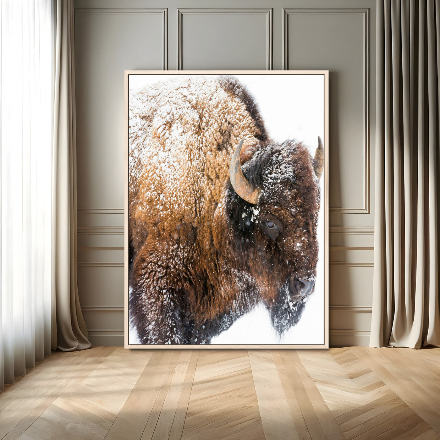 27690436-MGV-FC-24X36_Natural-Snowy Buffalo Wall Art Canvas Print, Framed Wildlife Photography Art Picture Print, Rustic Lodge Perfect Rustic Lodge Decor Decor