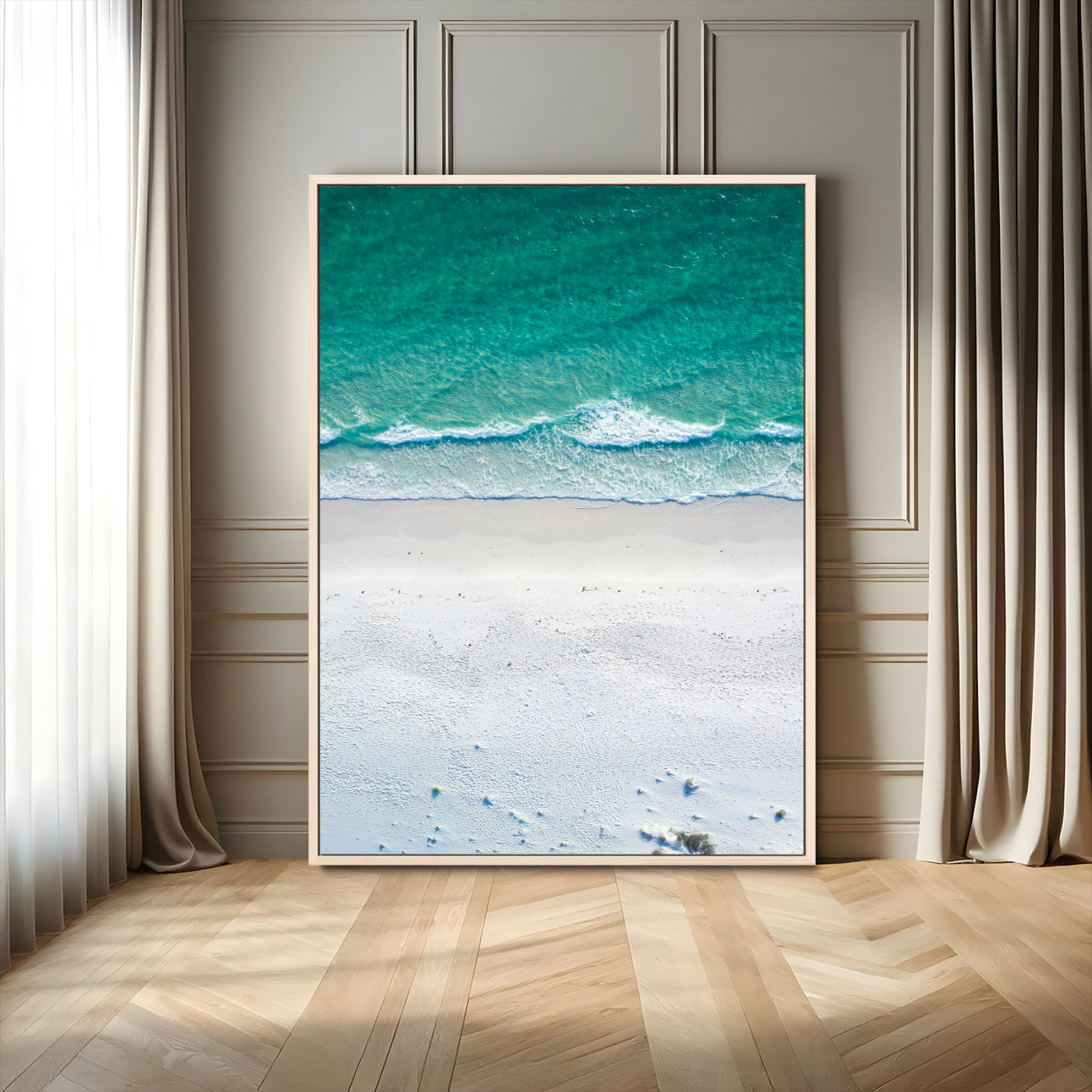 26150405-MGV-FC-24X36_Natural-Soft Waves Wall Art Canvas Print, Framed Seaside Escape Art Picture Print, Minimalist Beach Aesthetic Perfect Coastal Minimalist