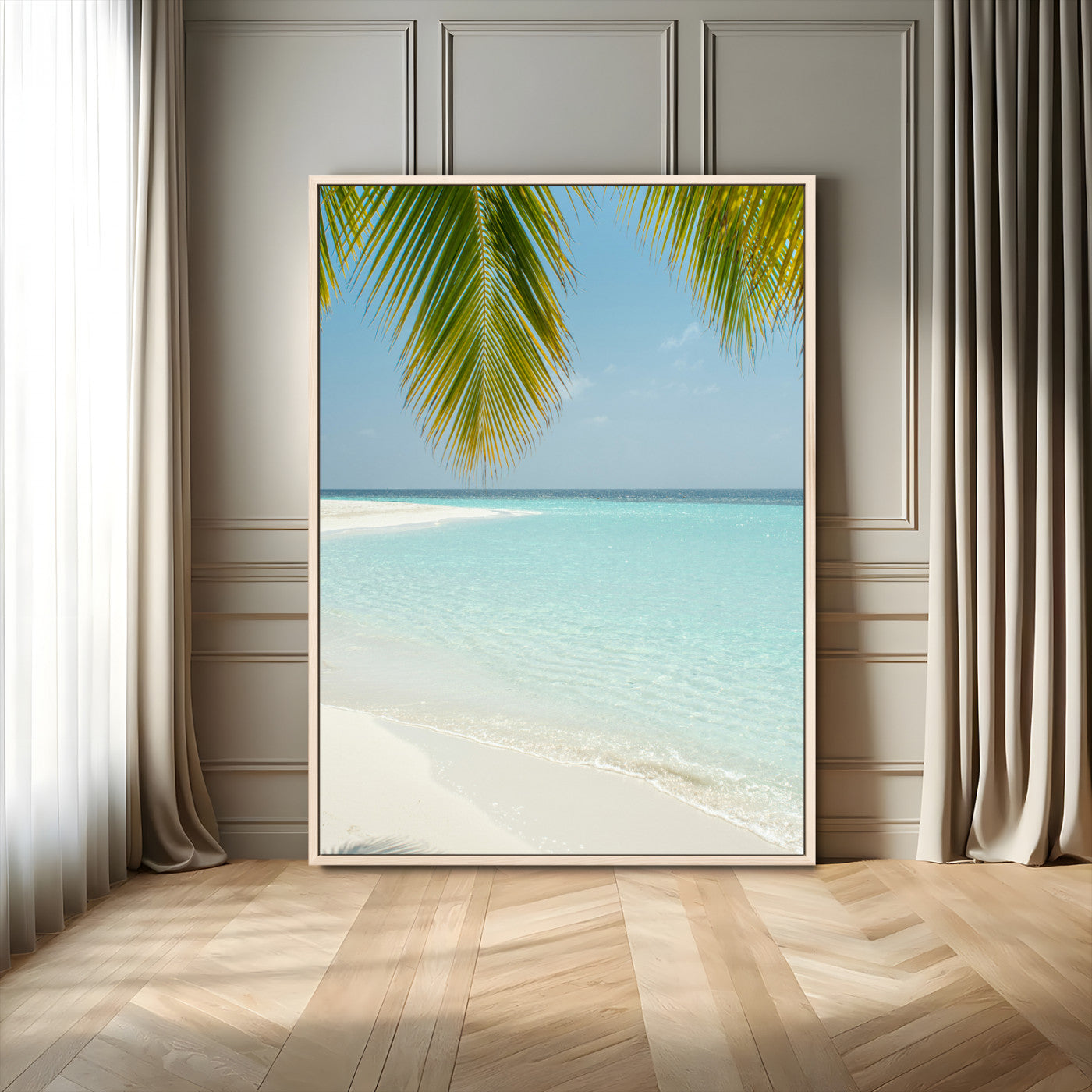 90359351-MGV-FC-24X36_Natural-Azure Water Wall Art Canvas Print, Framed Tranquil Island Escape Art Picture Print, Clear Blue Ocean Perfect Coastal Minimalist