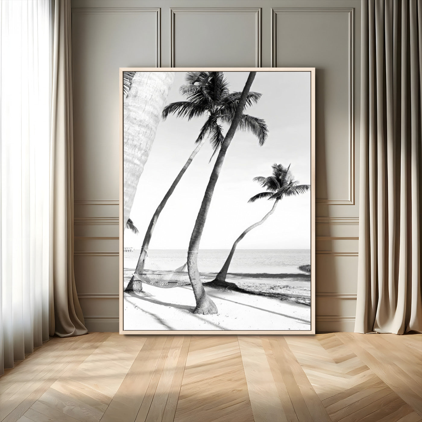 16582004-MGV-FC-24X36_Natural-Black and White Tropical Palm Trees Canvas Wall Art – Minimalist Coastal Photography, Large Framed Print for Home, Office, Living