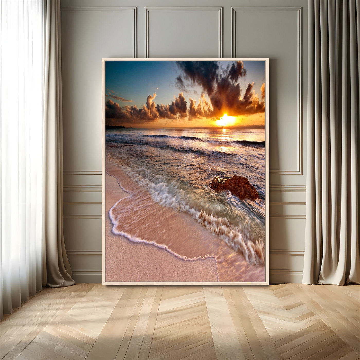 14930-MGV-FC-24X36_Natural-Beach Sunset Wall Art Canvas Print, Framed Ocean Horizon Art Picture Print, Tropical Shore Perfect Minimalist Coastal Decor