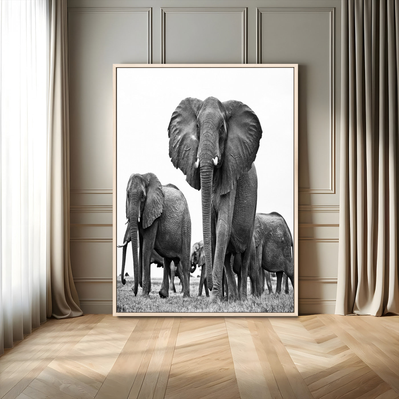 79634-MGV-FC-24X36_Natural-Elephant Herd Wall Art Canvas Print, Framed African Elephant Art Picture Print, Monochrome Wildlife Perfect Monochrome Safari