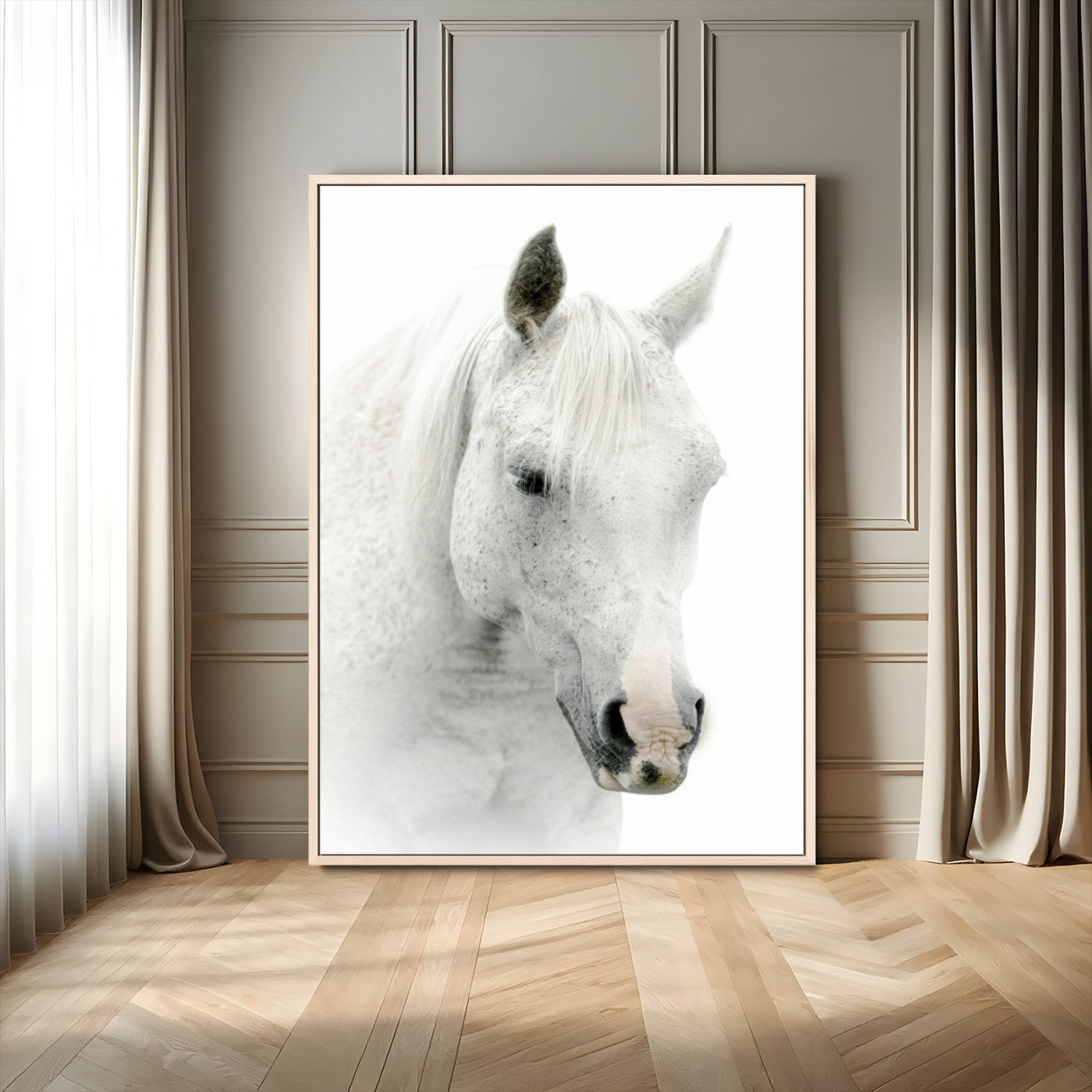 89804-MGV-FC-24X36_Natural-White Horse Wall Art – Minimalist Fine Art Photography Print, Soft Equine Portrait for Bedroom, Office, Guest Room or Modern