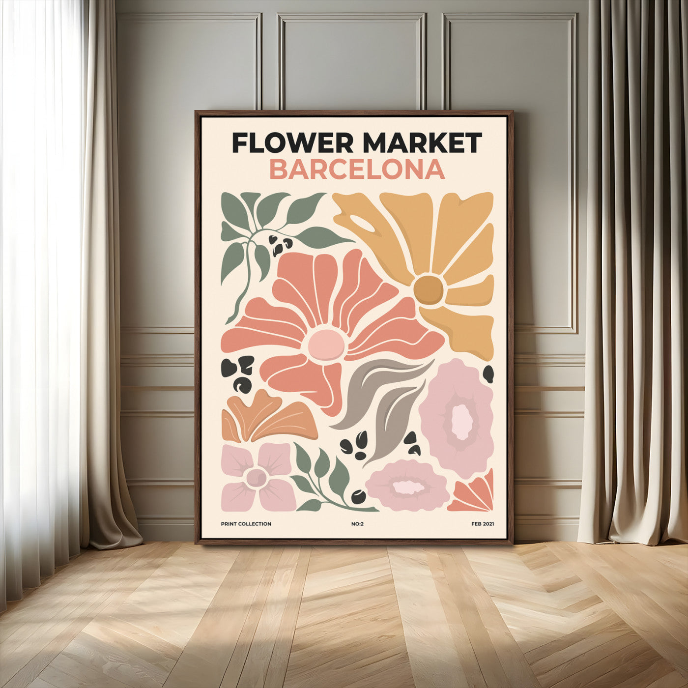 26849-MGV-FC-24X36_Walnut-Flower Market Barcelona Wall Art – Modern Floral Poster Print, Minimalist Botanical Artwork for Living Room, Bedroom, or Office
