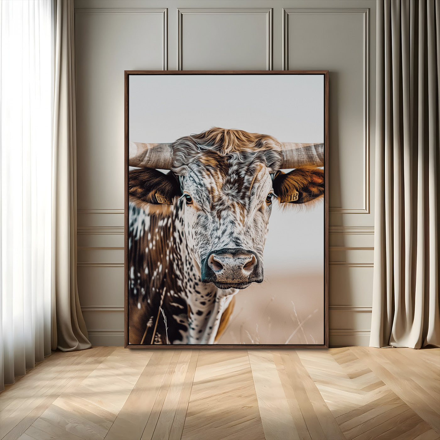 50803532-MGV-FC-24X36-Texas Longhorn Wall Art Canvas Print, Framed Speckled Cow Art Picture Print, Horned Bull Perfect Rustic Western Decor Artwork