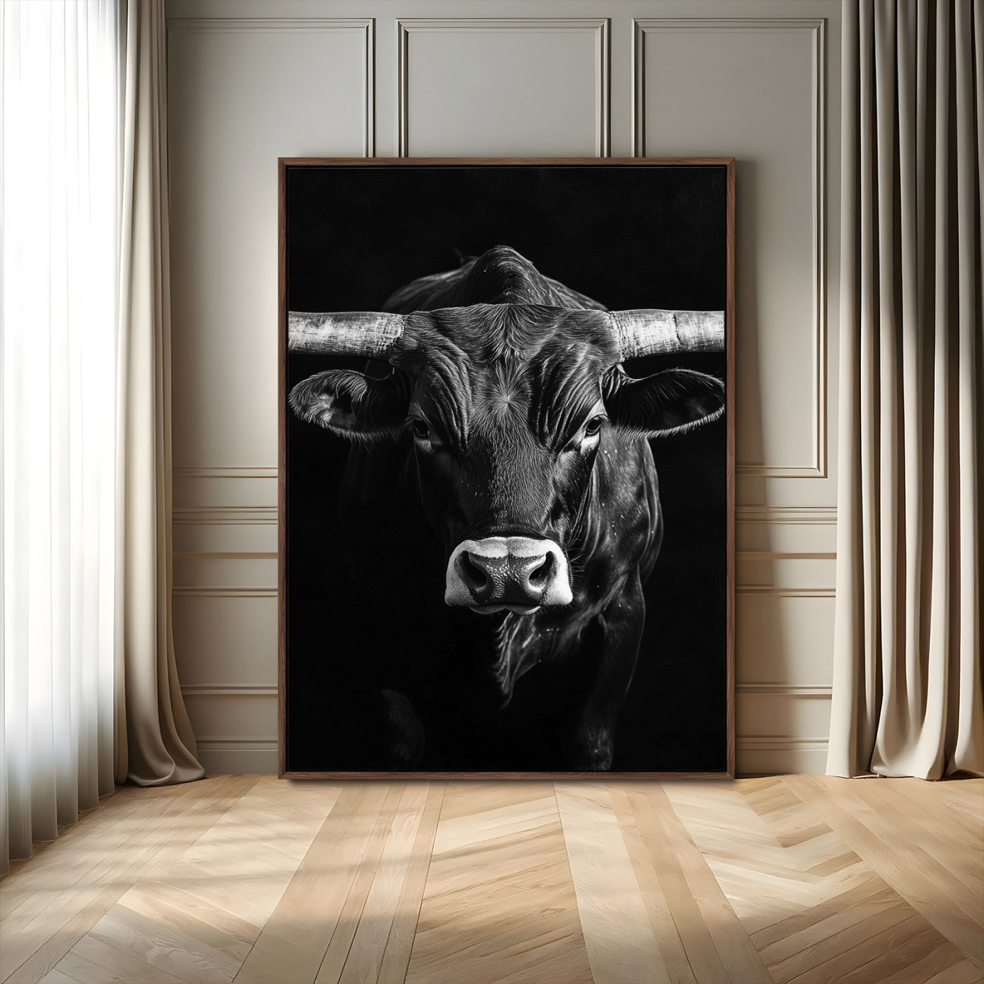 75358747-MGV-FC-24X36_Walnut-Texas Longhorn Wall Art Canvas Print, Framed Monochrome Bull Art Picture Print, Horned Bull Perfect Minimalist Western Decor