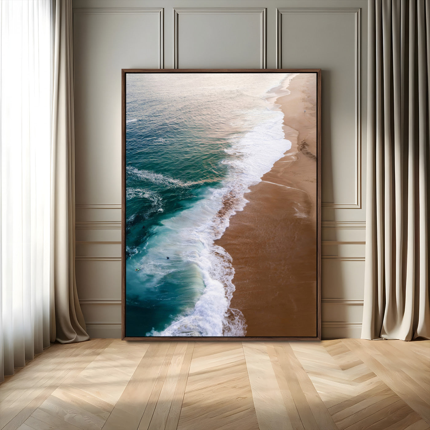 46042804-MGV-CV-24X36-Aerial Beach Wall Art Canvas Print, Framed Coastal Waves Art Picture Print, Turquoise Ocean Perfect Modern Coastal Decor Artwork