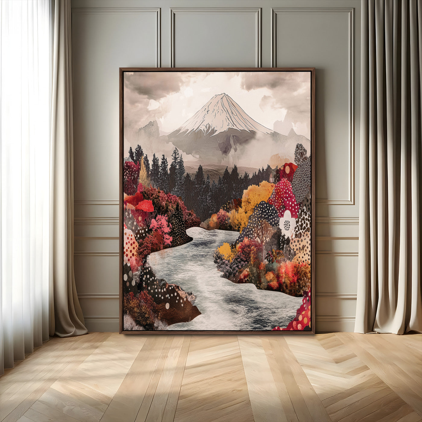 96777702-MGV-FC-24X36_Walnut-Mountain Wall Art Wall Art Canvas Print, Framed Cottagecore Canvas Art Picture Print, Autumn River Scene Perfect Cottagecore Boho