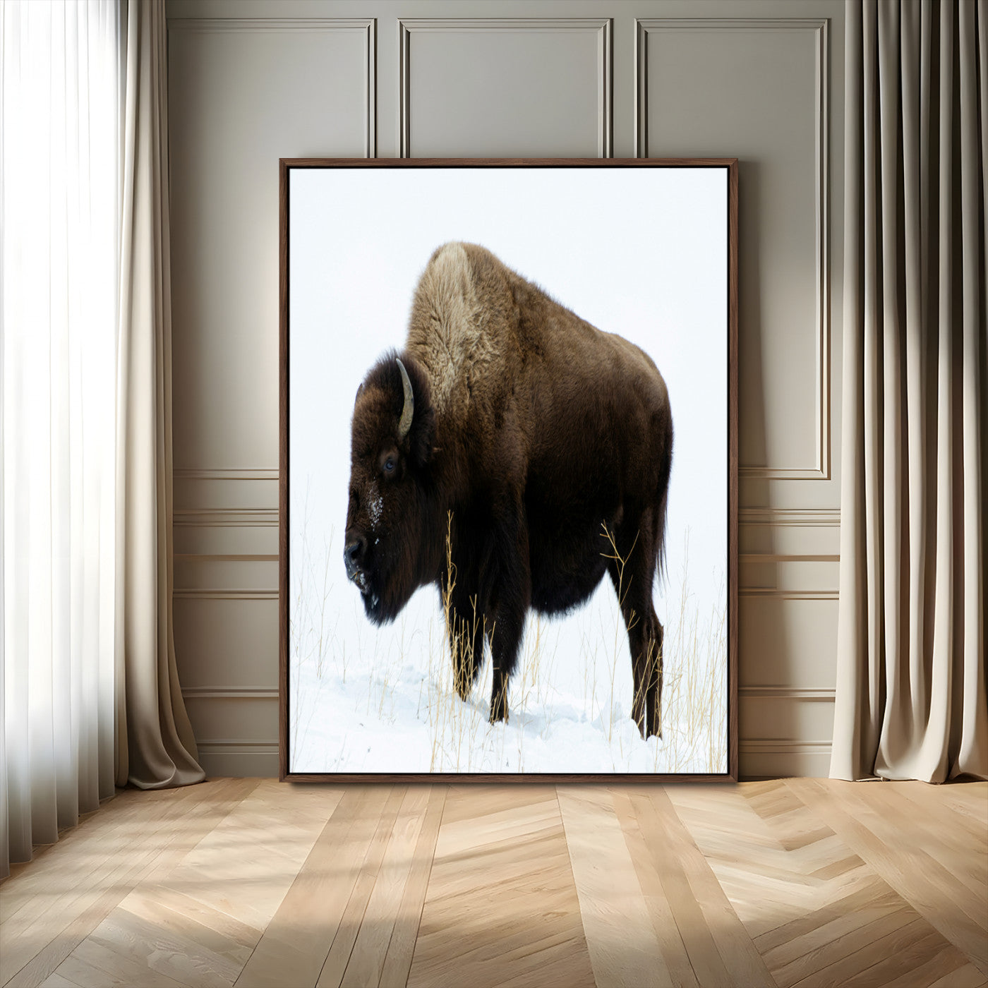 76778120-MGV-FC-24X36_Walnut-Bison Photography Wall Art Canvas Print, Framed Western Wildlife Art Picture Print, Buffalo On Snow Perfect Western Rustic Decor