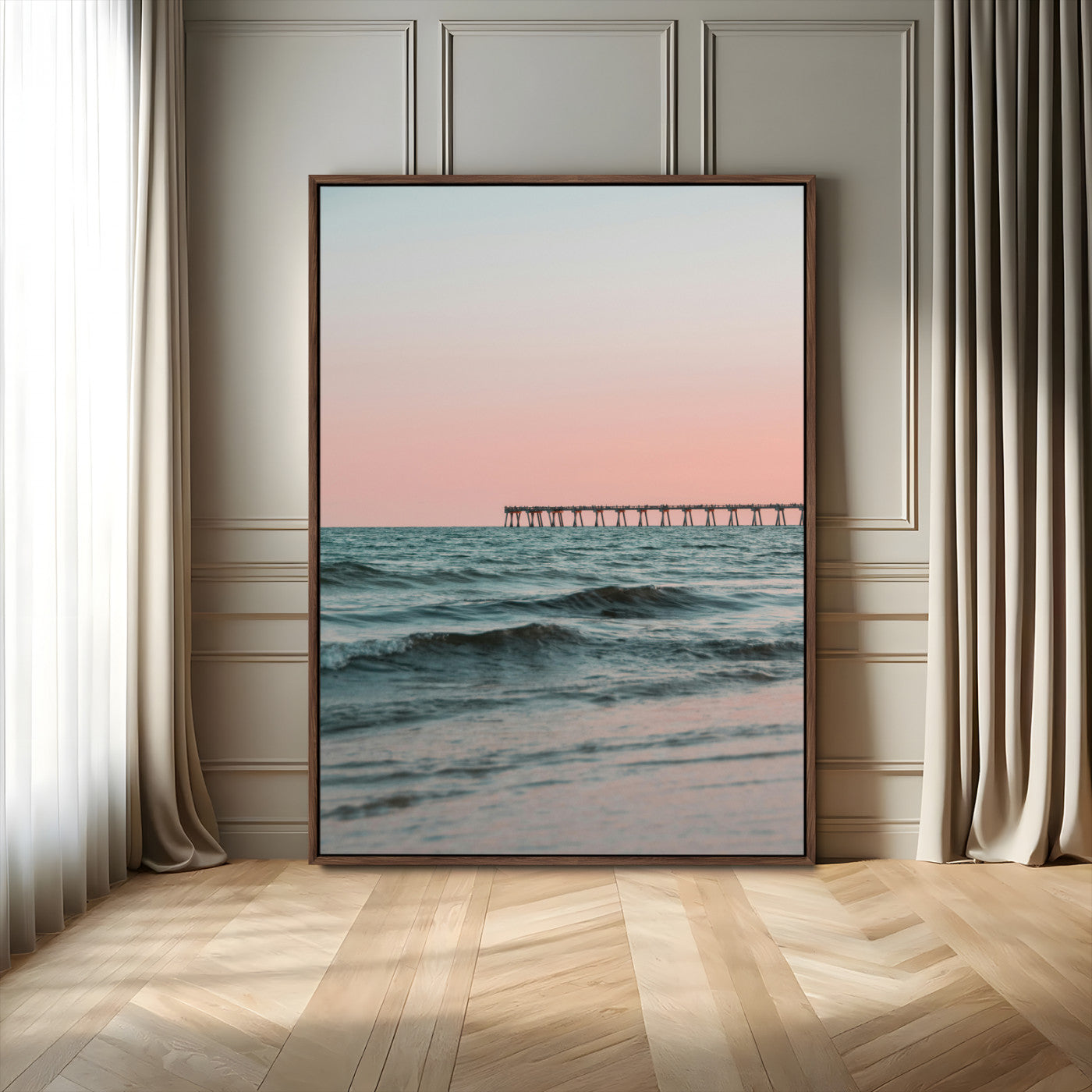 89450227-MGV-FC-24X36_Walnut-Minimalist Seascape Wall Art Canvas Print, Framed Soft Pastel Sunset Art Picture Print, Tranquil Ocean Perfect Minimalist Coastal