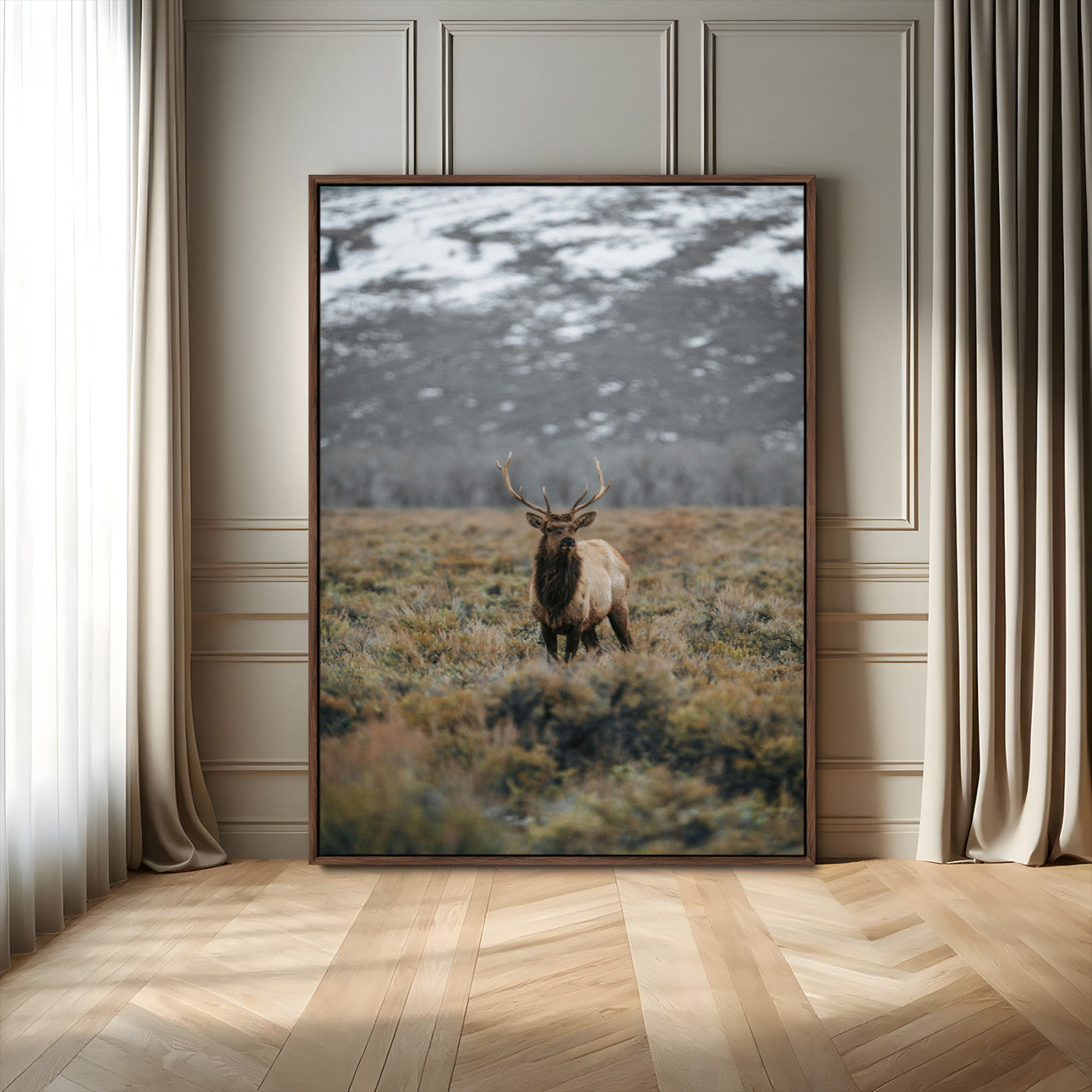 80105083-MGV-FC-24X36_Walnut-Wild Elk Wall Art Canvas Print, Framed Mountain Wilderness Art Picture Print, Majestic Animal Perfect Rustic Lodge Decor Artwork