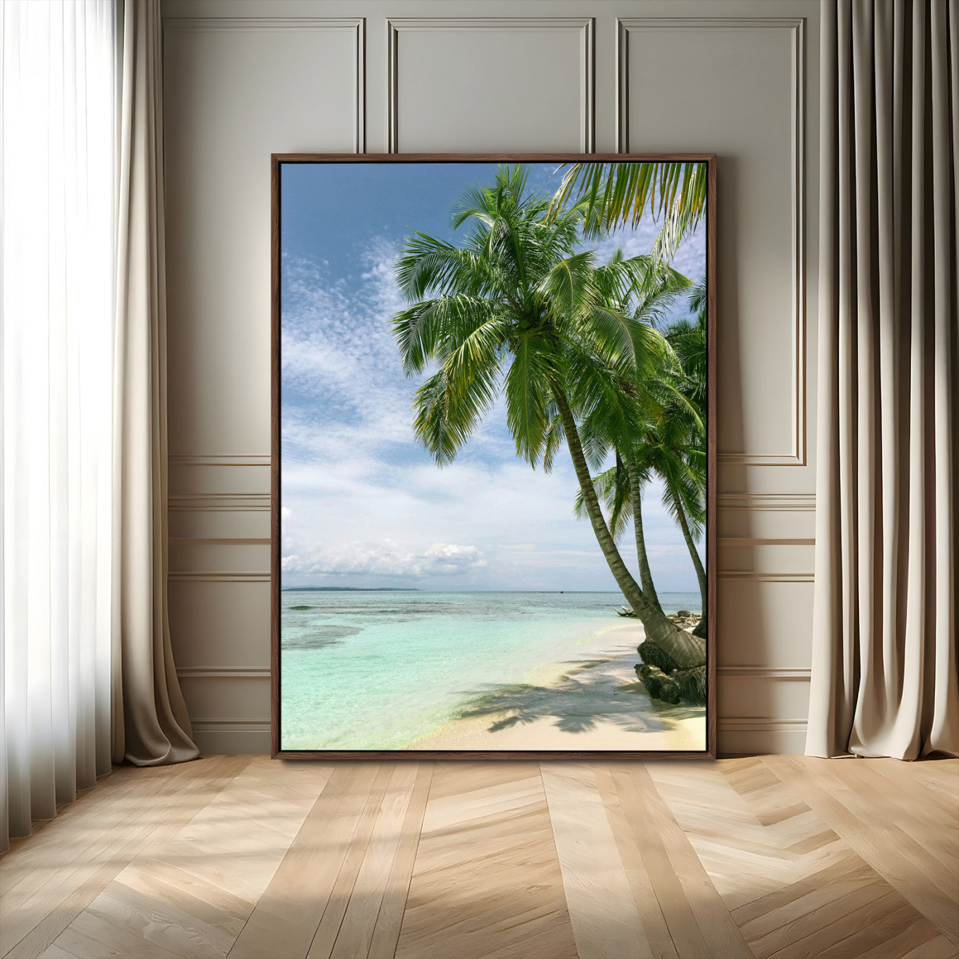 80489589-MGV-FC-24X36_Walnut-Palm Tree Beach Wall Art – Tropical Paradise Canvas Print with White Sand and Turquoise Ocean, Coastal Photography for Bedroom,